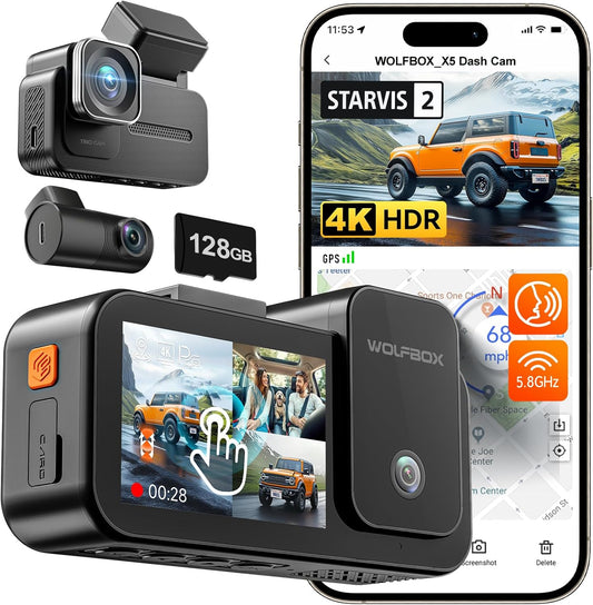 WOLFBOX X5 3 Channel 4K HDR Dash Cam, STARVIS 2 IMX678 Night Vision, 4K+2.5K+1080P Front and Rear Inside Car Camera with 128GB Card and GPS, Support Voice Control, Touch Screen and 5.8GHz WiFi