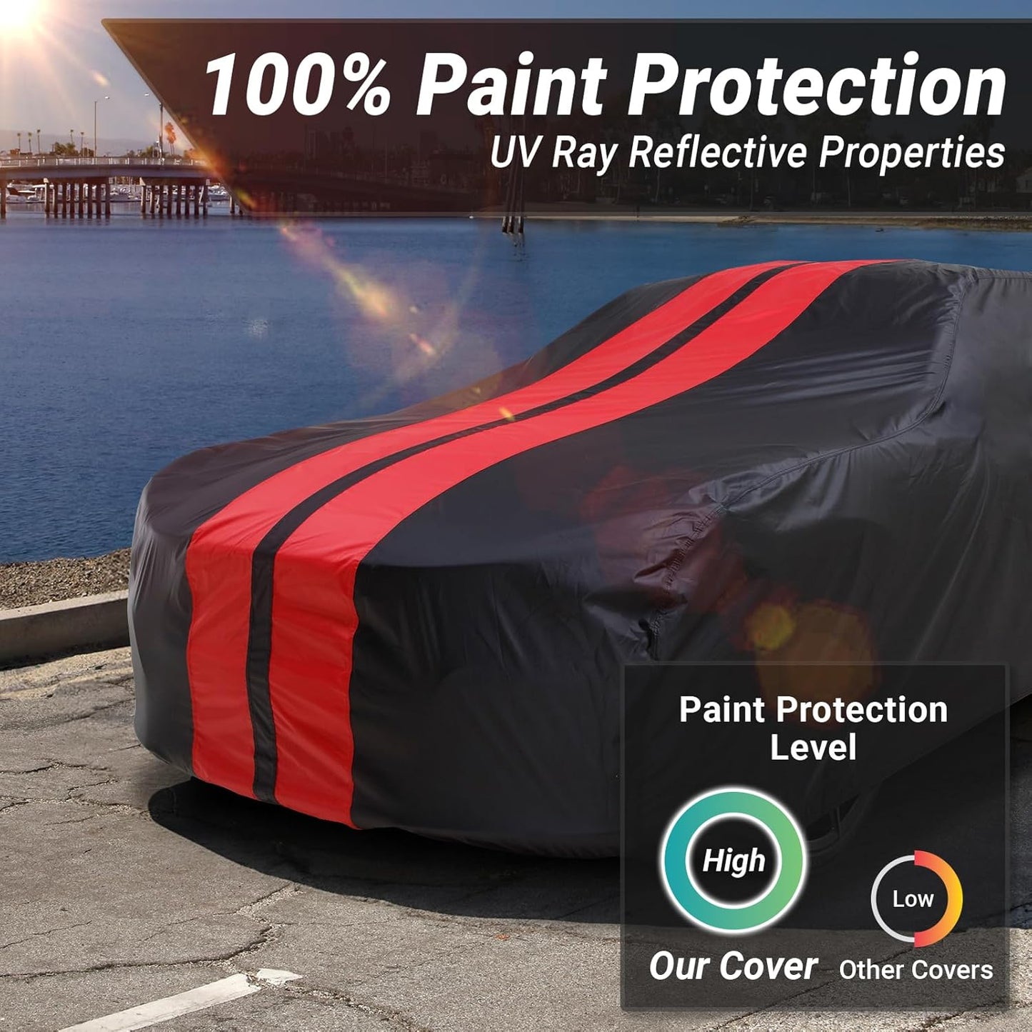 iCarCover Custom Car Cover for Pontiac Bonneville (1977-1981) Waterproof All-Weather Rain Snow UV Sun Protector Full Exterior Indoor Outdoor Car Cover (Stripe - Black/Red)
