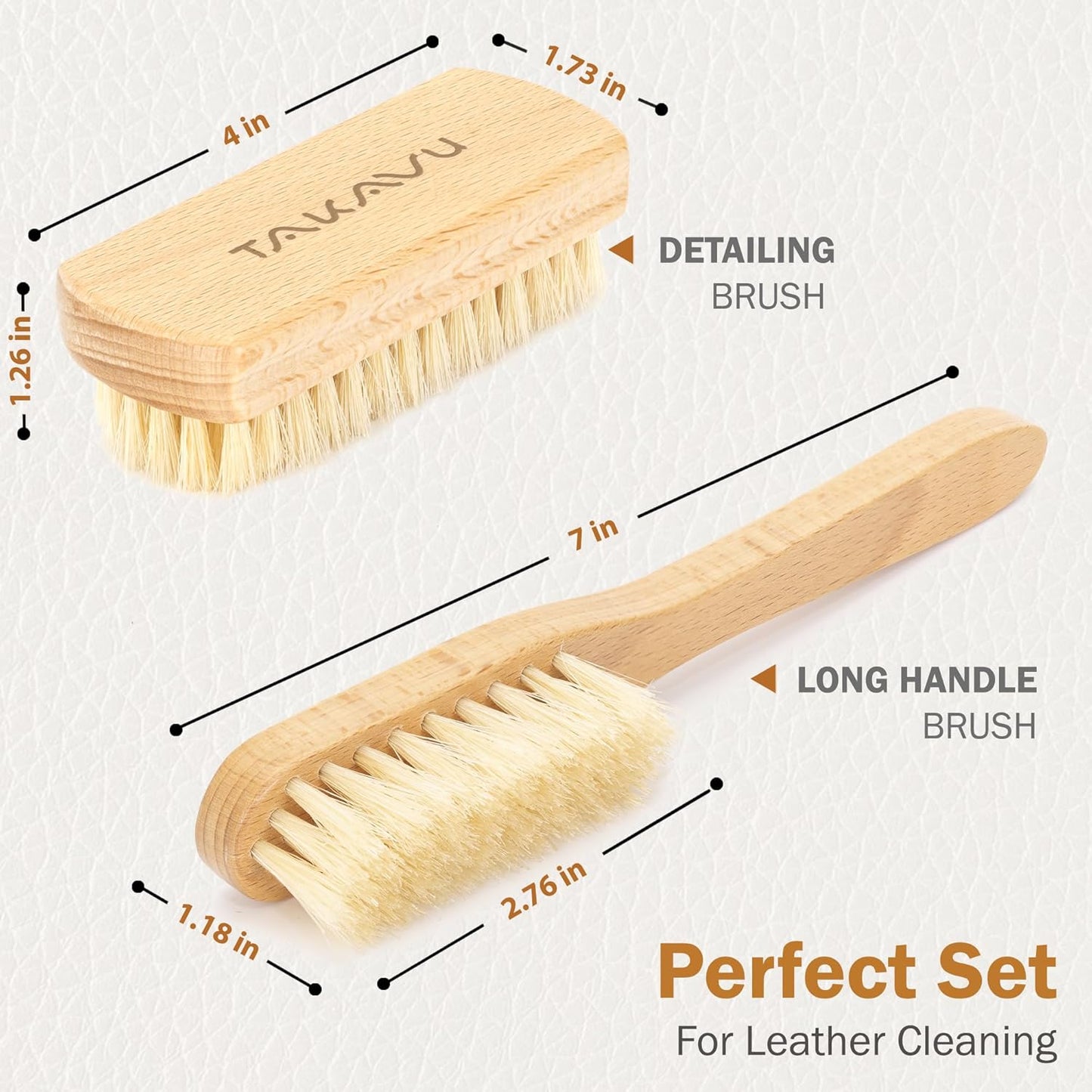 TAKAVU Leather & Upholstery Cleaning Brush Set, Pure White Boar Hair Bristle, to Clean Car Seats, Leather Sofas, for Alcantara, Interiors, Furniture, Boots, Shoes, Bags and More