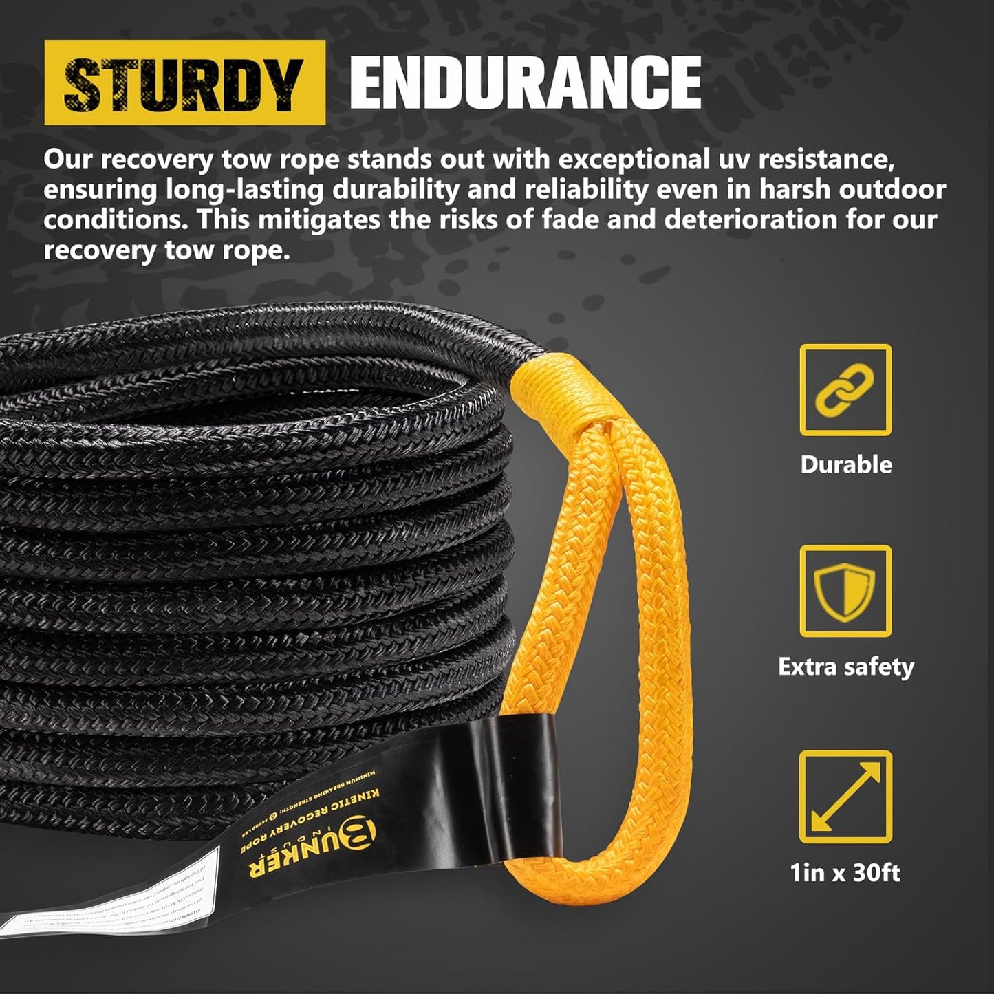 BUNKER INDUST 1"×30ft Kinetic Recovery Rope with 2 Soft Shackles Kit, Kinetic Recovery Tow Rope Snatch Strap Off Road Recovery Kit for UTV, ATV, Truck, Car, Jeep, Tractor