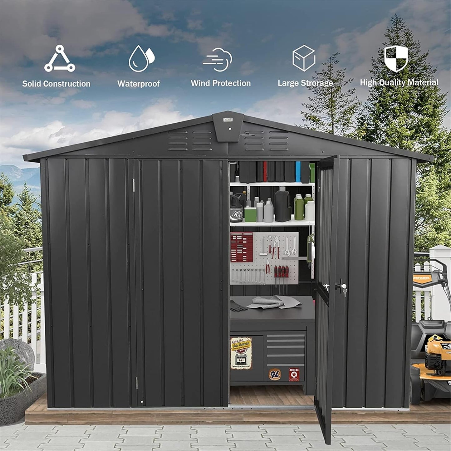 IKERY Galvanized Steel Storage Shed 8.2' x 6.2' with Lockable Door - Large Metal Garden Shed for Bikes, Trash Cans, Outdoor Storage - Backyard, Patio - Dark Gray