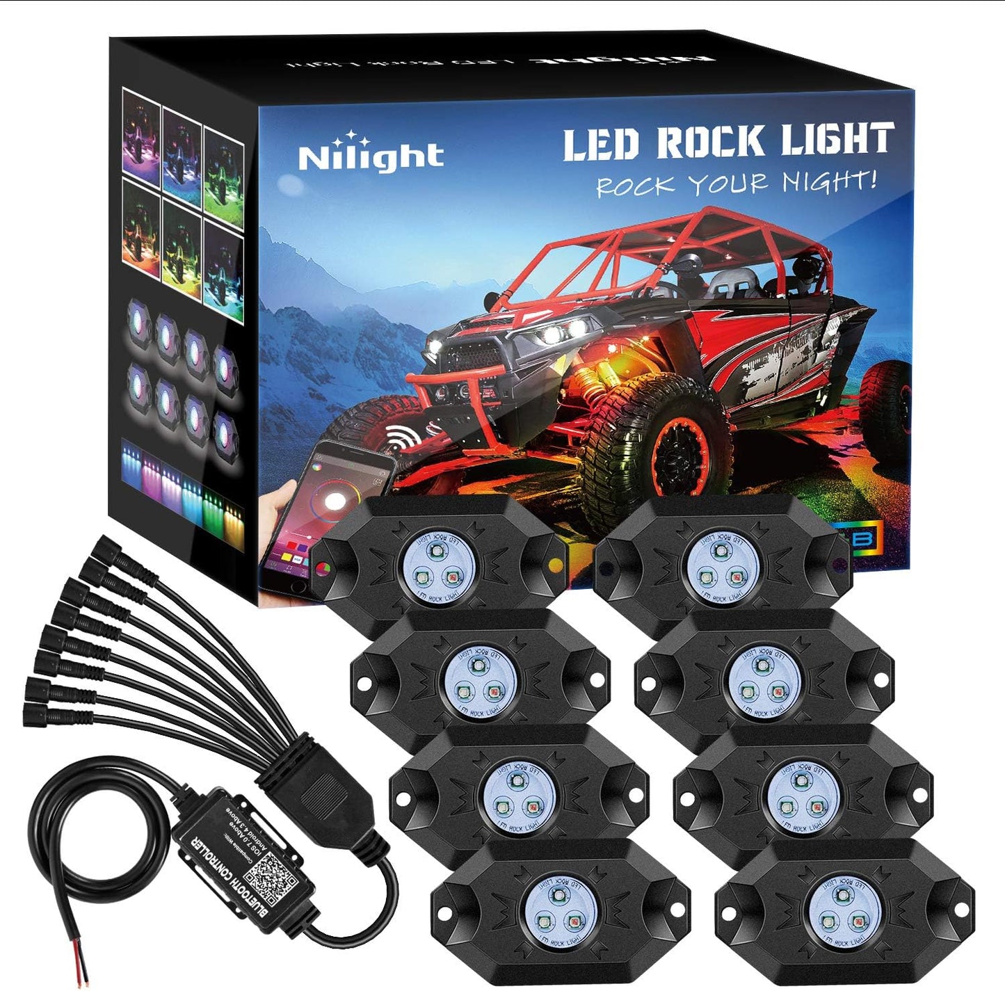 Nilight RGB LED Rock Lights Kit 8 pods Underglow Neon Multicolor with Bluetooth App Control Music Mode IP68 Exterior Wheel Well Party Lamp for ATV UTV Golf Cart Truck Boat RV
