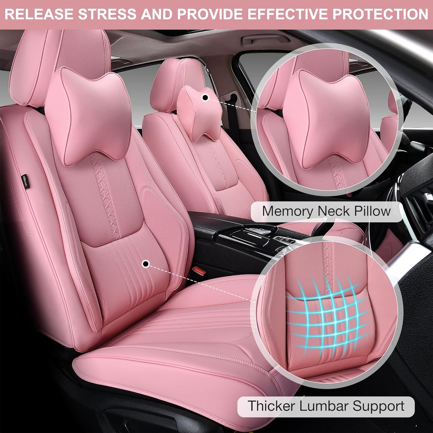 Car Seat Covers Full Set, Front and Rear Seat Covers for Cars, Waterproof Leather Auto Seat Protectors with Head Pillow, Car Seat Cushions Fit for Most Sedans SUV Pick-up Truck, Pink