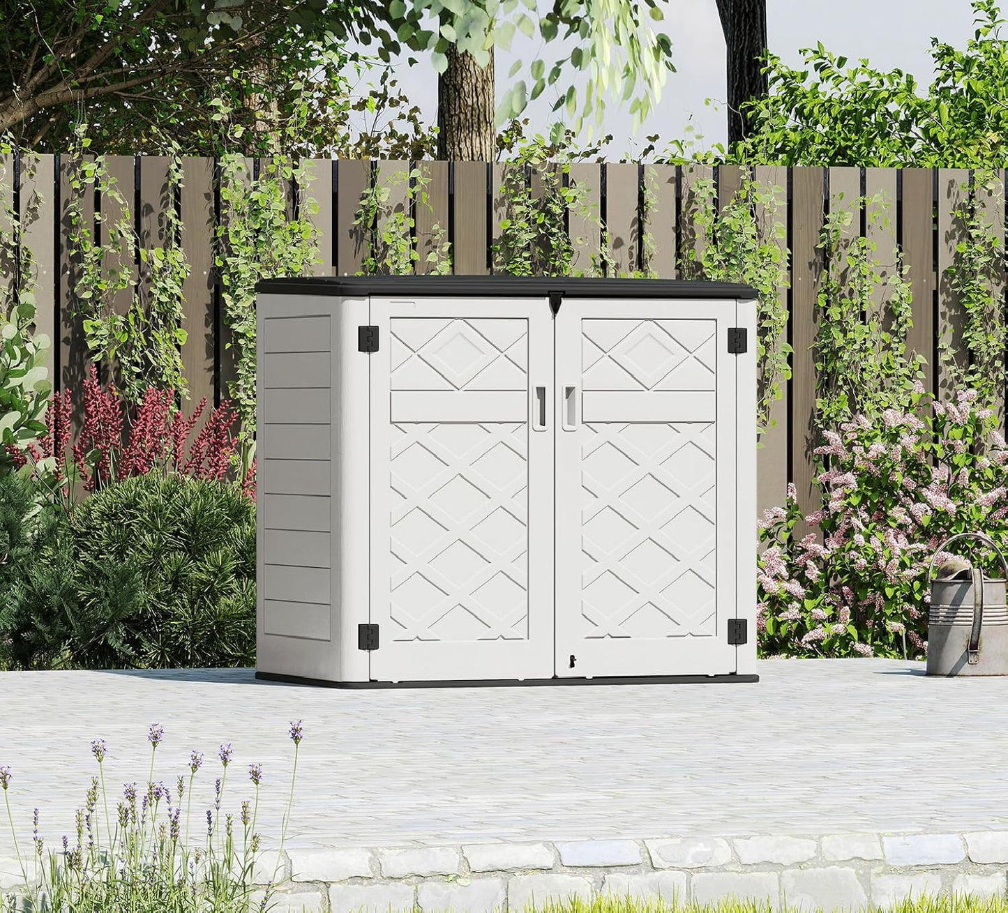 HOMSPARK Storage Shed Weather Resistance, Multi-Purpose Outdoor Storage Cabinet for Backyards and Patios, Horizontal Storage Shed for Lawnmower, Patio Accessories (Off-White, Large - 48 cu.ft)