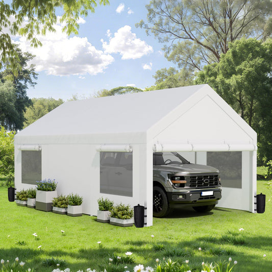JAMFLY 12x20 ft Heavy Duty Carport with Roll-up Windows & Removable Sidewalls & Doors – Portable Garage Canopy with All-Season Tarp, Sandbags for Car, Truck, Boat, Motorcycle, White