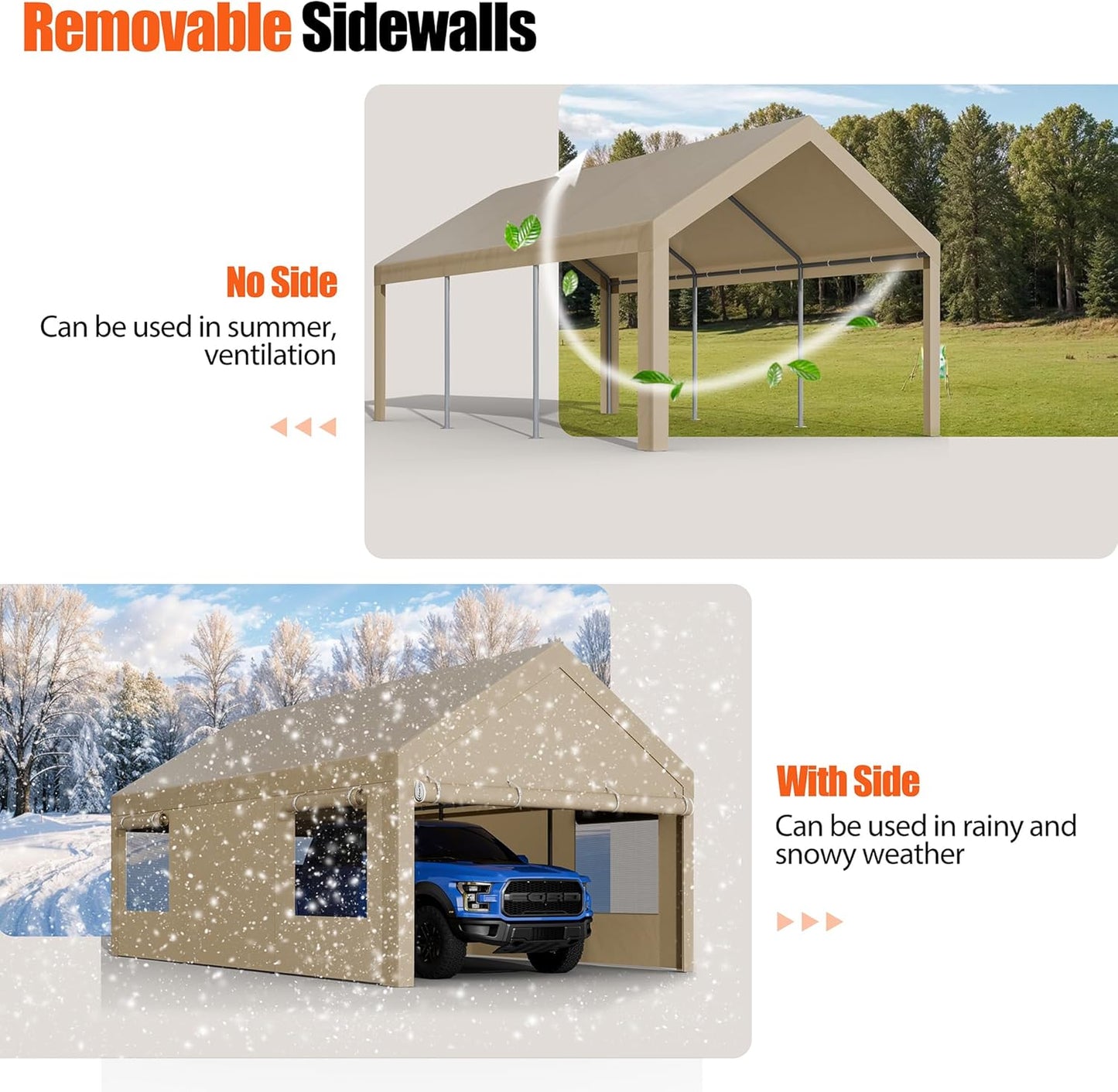 JAMFLY Carport, 10x20 ft Heavy Duty Carport with Roll-up Windows, Portable Garage with Removable Sidewalls & Doors, Car Canopy with Sandbags and All-Season Tarp for Car Boat Truck Motorcycle, Khaki