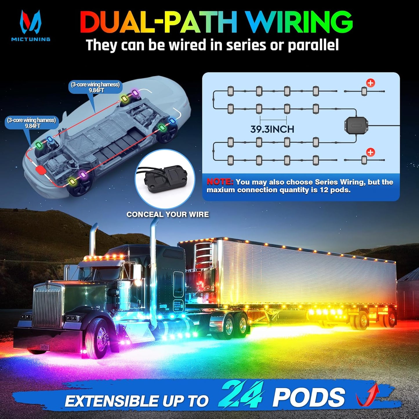 MICTUNING 2025 1000% Bright Q1 MAX RGB+IC Rock Lights,16 Pods Chasing Dreamcolor Extensible Underglow Multicolor Neon Light Underbody Lighting Kit with APP Control for Truck ATV UTV Boat