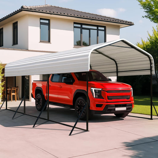 10x15 Metal Carport with Base Fixings Heavy Duty Garage Outdoor Chrome Plated Frame and Sheet Metal Construction Suitable for Boats, Cars, Tractors and Agricultural Equipment, White