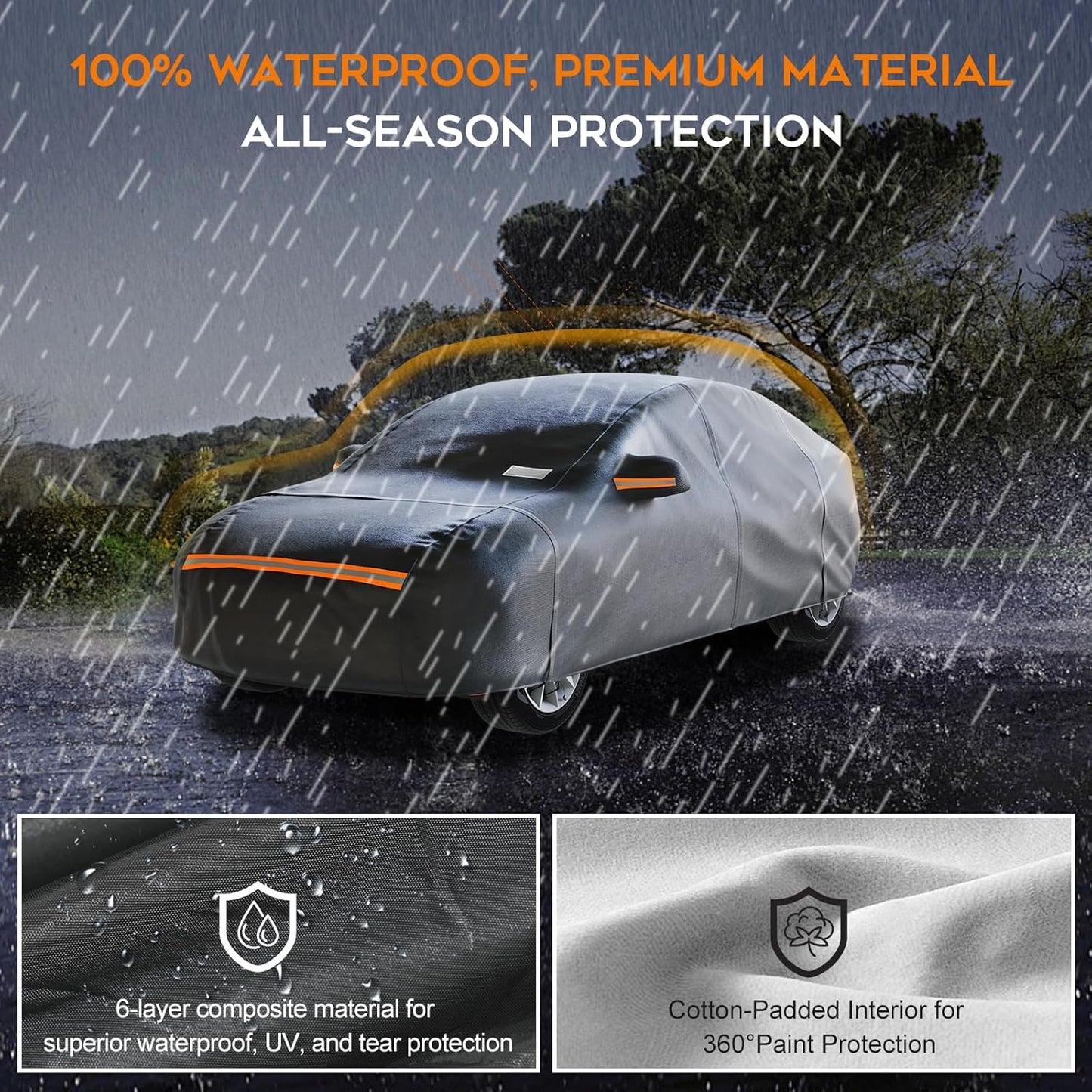 Sedan Car Cover Waterproof All Weather for Automobiles，Outdoor Heavy Duty Full Exterior Covers with Zipper Door, Rain Sun Snow Dust UV Protection, Windproof Straps & Reflective Strips(Up to 189")