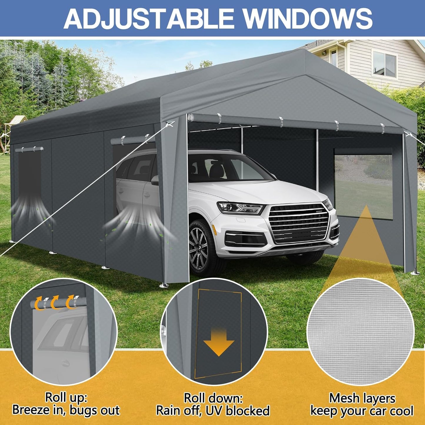 VINGLI 12x20 Carport Canopy Portable Garage with Roll-up Windows & Removable Sidewalls, Car Canopy Heavy Duty Car Tent for SUV, Boats, RVs, Trucks (with Sidewalls)