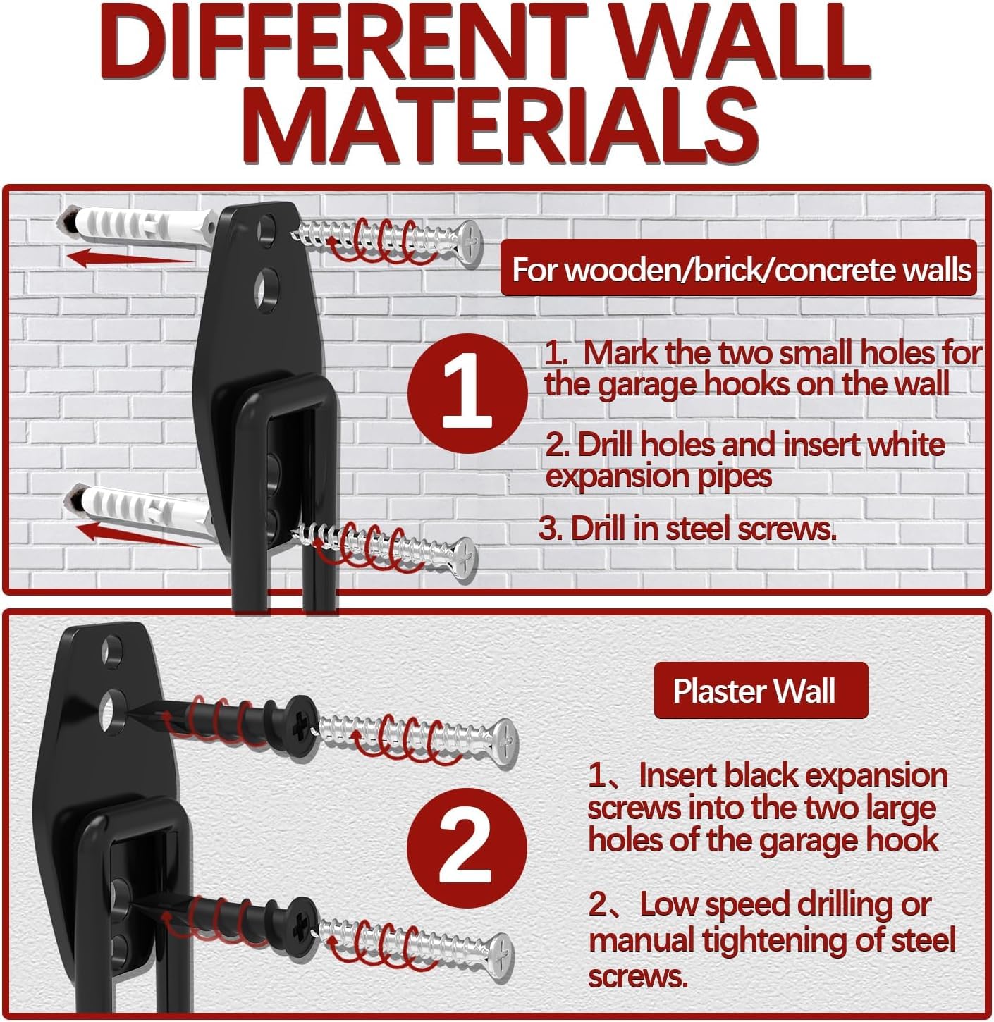 3-H Garage Wall Hooks 62 Pack, Heavy Duty Garage Hooks with Extra Welding Spots, Wall Mount Storage Organizer for Hanging Garden Lawn Tools, Ladder, Bike, WeedEater, Chair, Shovel, Blower (Red)