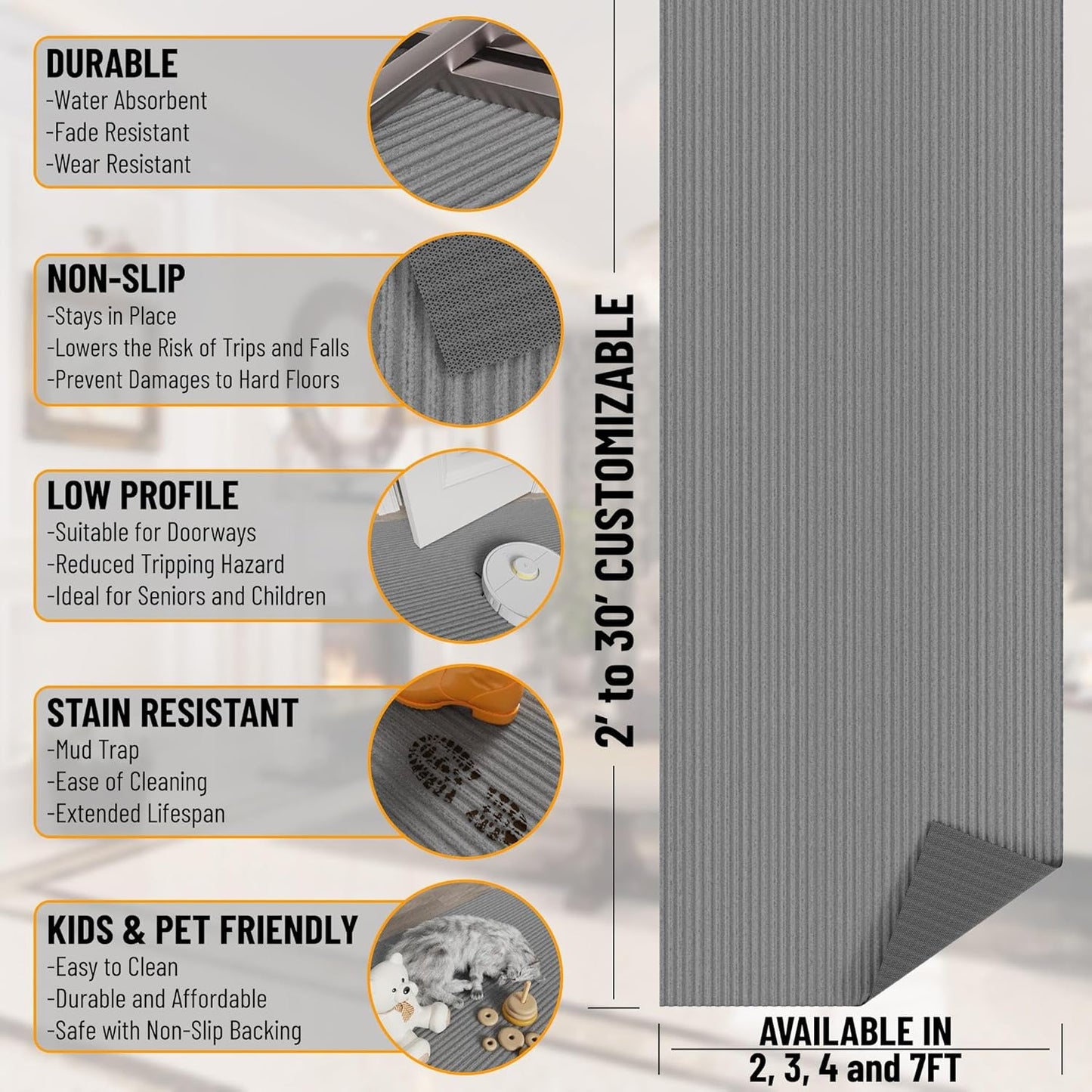 Ottomanson 6'6" x 7' Mud Mat Area Rug Scraper Carpet - Non-Slip, Dirt Trapping for Indoor & Outdoor Use - Ideal for Entryway, Garage, Kitchen, Patio & High-Traffic Areas, Gray