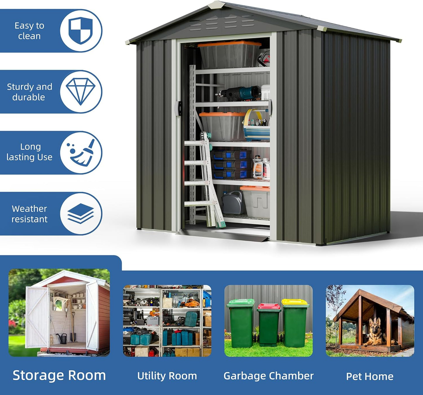 JYQAQA 6x4 FT Outdoor Garden Storage Shed,Waterproof Metal Garden Sheds with Lockable Double Door,Weather Resistant Steel Tool Storage House Shed forPatio,Lawn Gray