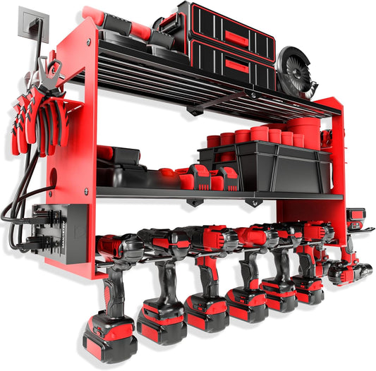 Power Tool Organizer Wall Mount with Charging Station, Cordless Drill and Battery Holder Shelf for Garage Organization,Heavy Duty Metal Tool Rack Storage, Load 300lbs, Built in 5 Outlet Power Strip