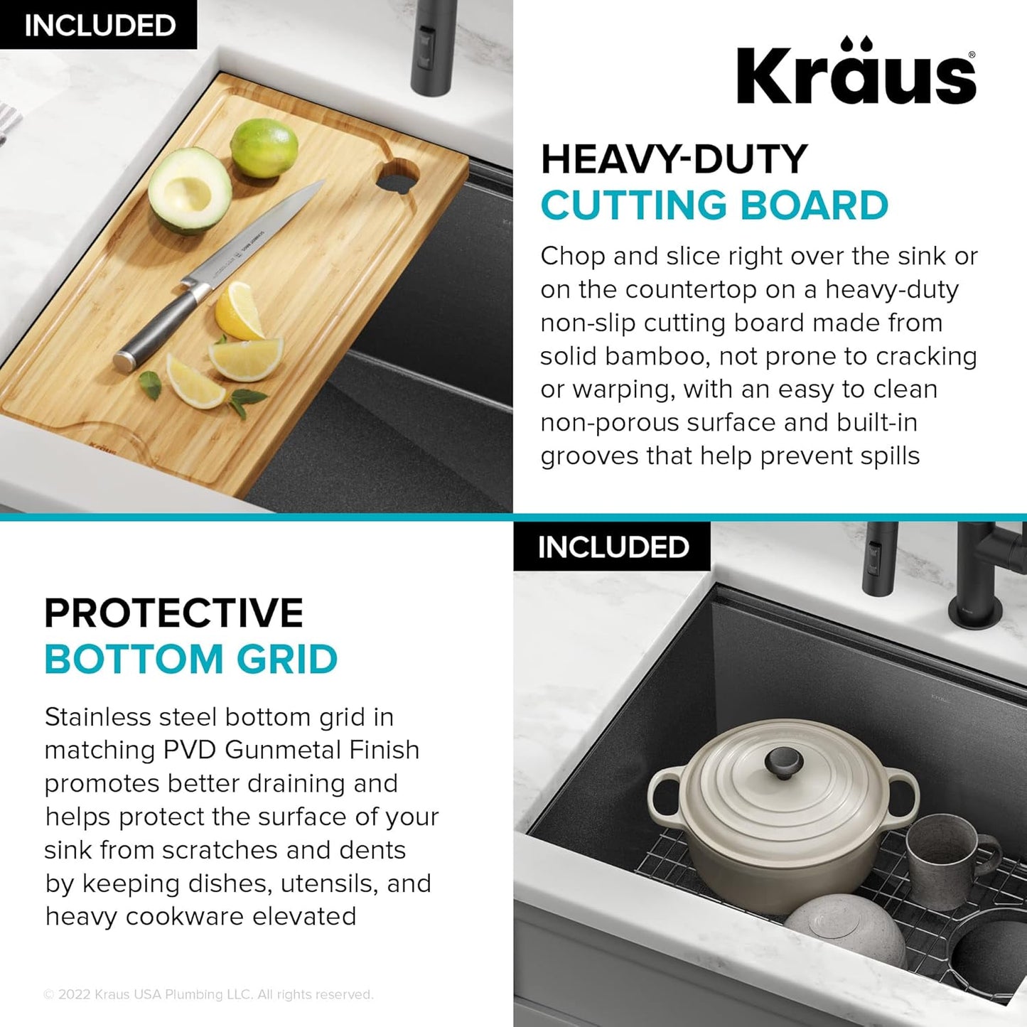 KRAUS Kore 23 Inch Undermount Workstation 16 Gauge Black Stainless Steel Single Bowl Kitchen Sink in PVD Gunmetal Finish with Accessories, KWU1111-23-PGM