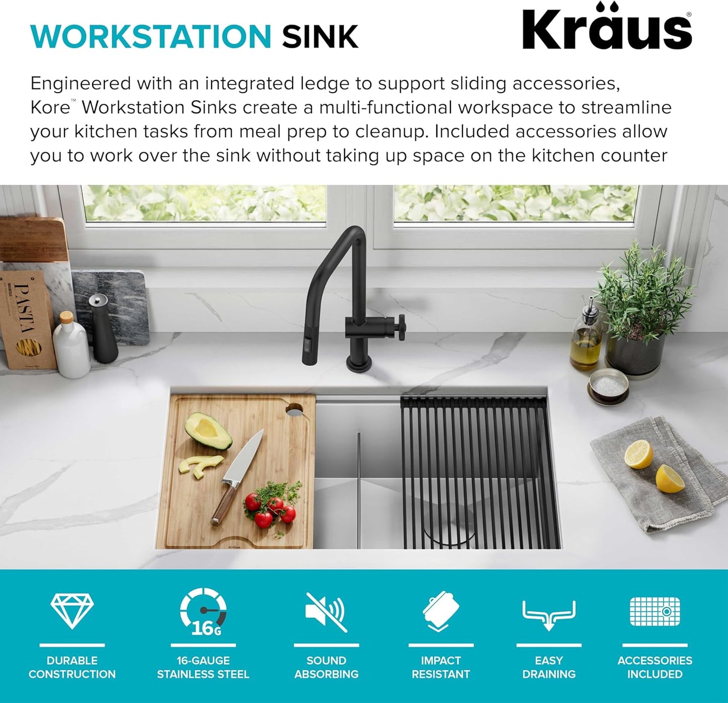 KRAUS Kore 33-Inch Undermount Workstation 16 Gauge Double Bowl Stainless Steel Kitchen Sink with Accessories, KWU112-33