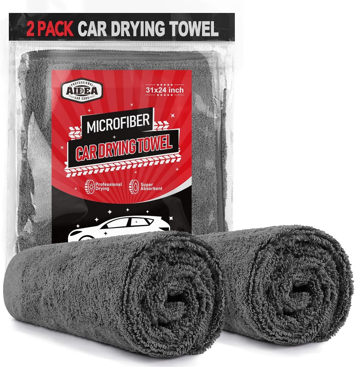AIDEA Microfiber Towels for Cars-2PK, Large Professional Car Drying Towel, Scratch-Free & Absorbent Drying Towel for Cars, SUVs, RVs, Trucks, and Boats, 24inx 31in, Grey