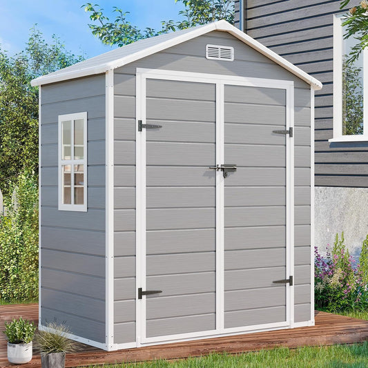 6x3 FT Resin Storage Shed, Waterproof Outdoor Shed with Floor Included, Window, Double Lockable Doors & 2 Vents, Outside Plastic Sheds for Garden Patio Backyard, Grey