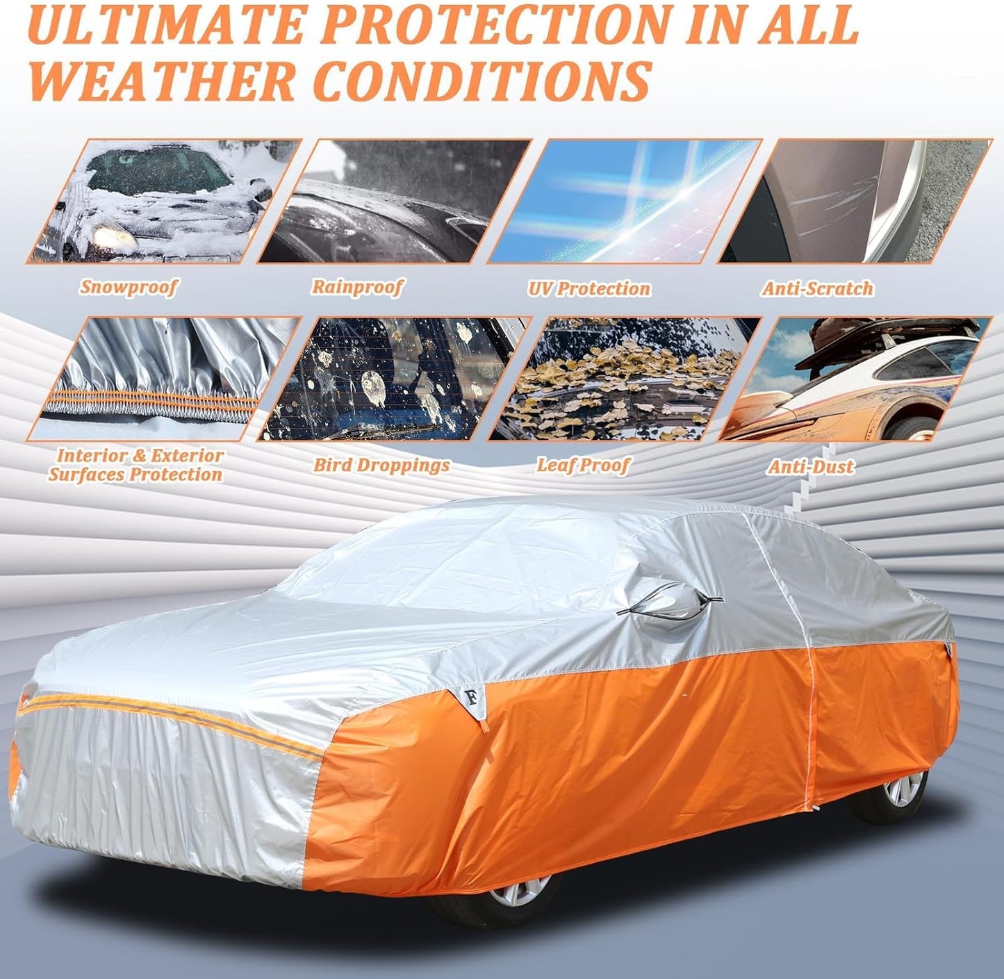 Tecoom Car Cover Waterproof All Weather, Windproof Storm Full Exterior Covers for Automobiles, UV Sun Protection Snowproof Car Tarp w/ 3 Gust Straps Mirrior Door Zipper, Universal Fit 170"-190" Sedan