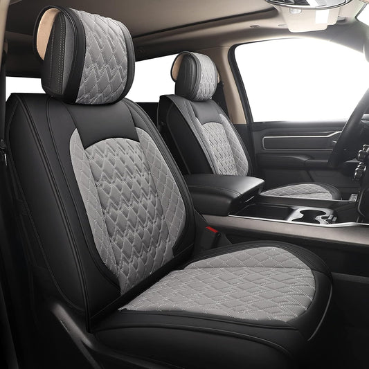 JOJOBAY Car Seat Covers for Dodge Ram Full Set,Fit Ram 2009-2025 1500/2500/3500 Pick-up Truck,Crew,Regular,Quad,Mega Cab,Waterproof Leather Seat Covers Protectors（5 PCS Full Set,Black-Grey）