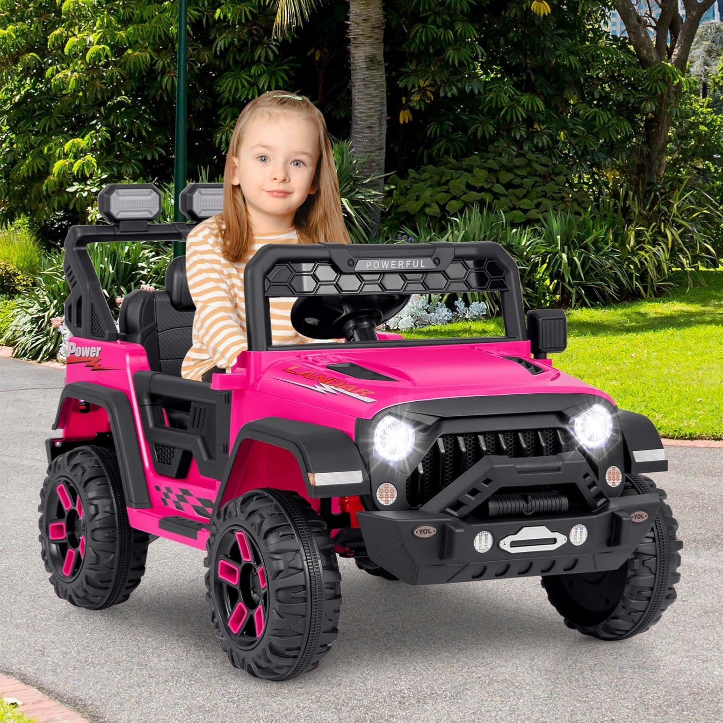 Costzon Kids Ride on Truck, 12V Electric Ride on Car with Remote Control, 3 Speed & Spring Suspension, Wireless Connection, USB, Music, Light, Kids Ride on Toys for Boys Girls (Pink)