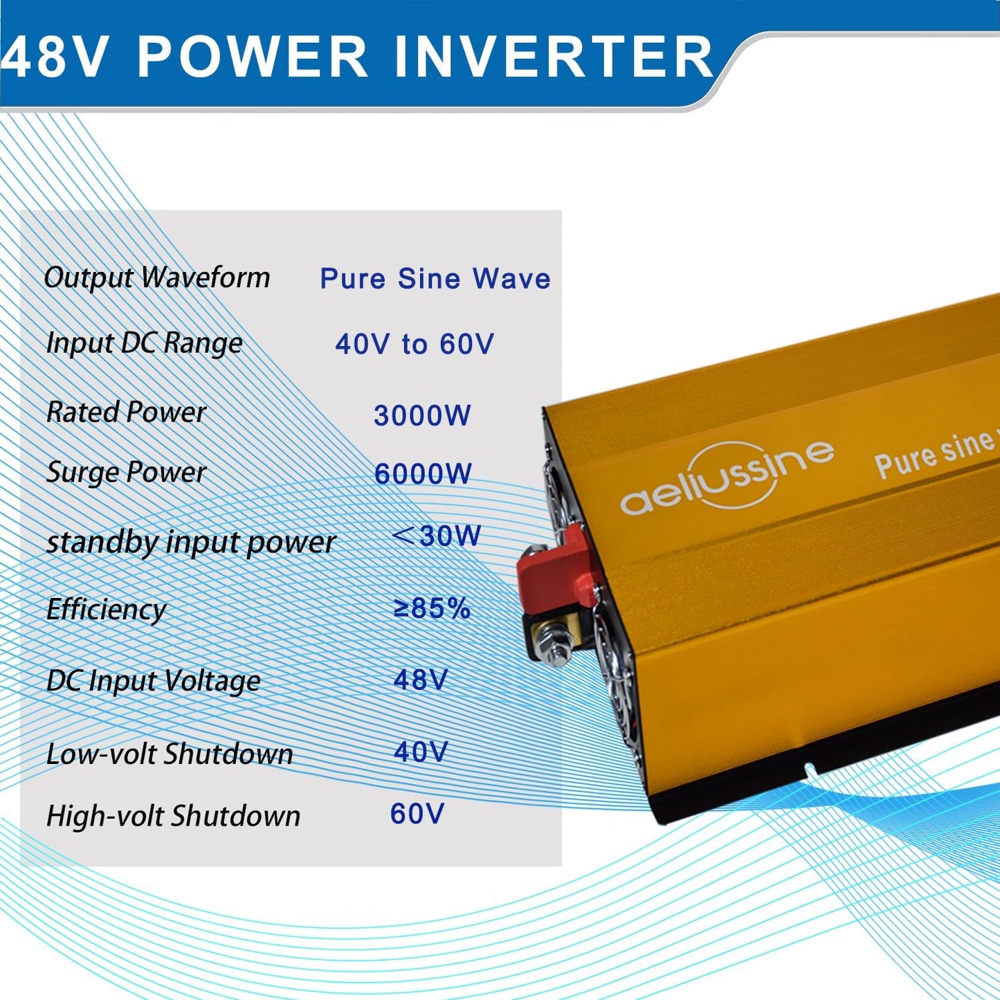 3000W Pure Sine Wave Inverter-48V DC to 110V AC Power Converter with 2 AC Outlets, 48 Volt Power Inverter for Truck, Rv, Camping, Home, Emergency Power