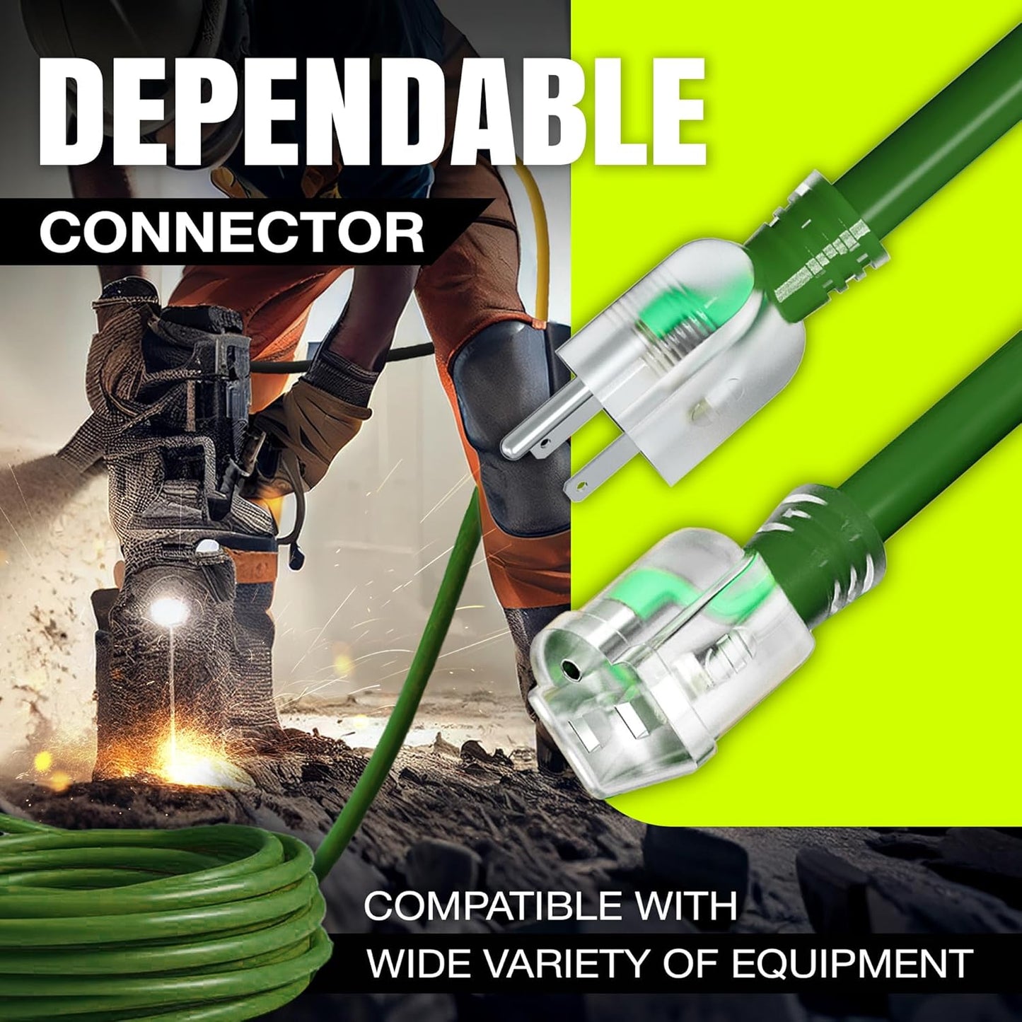 50ft Outdoor/Indoor Extension Cord 10/3 Gauge Ultra Heavy Duty 3 Prong SJTW, Waterproof, Flexible Cold-Resistant Long Power Cord,15A 125V 1875W, Green by LifeSupplyUSA