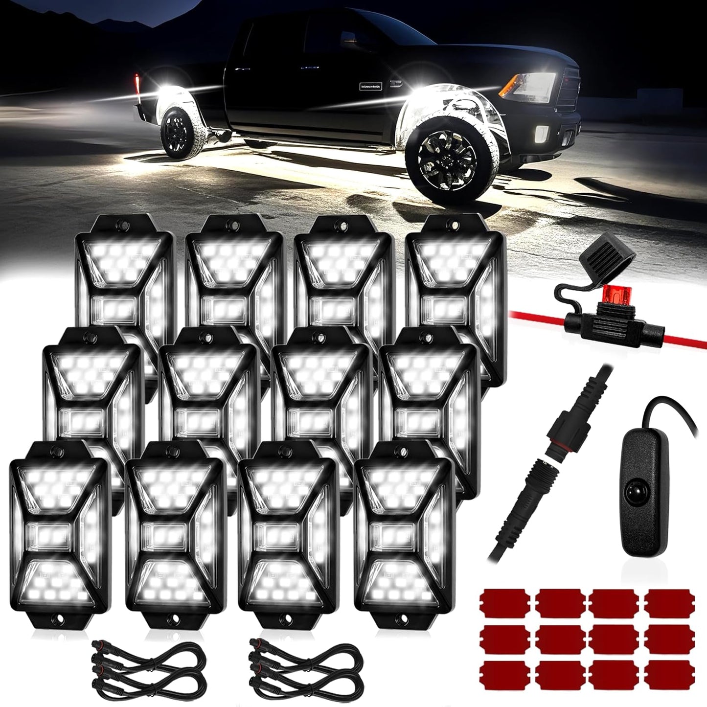 12 Pods Pure White LED Rock Lights Kit with Switch Wiring Harness,6500K 324 LEDs Bright Rock Lights for Trucks,Waterproof Underglow Light for Car Jeep Off Road ATV UTV SUV