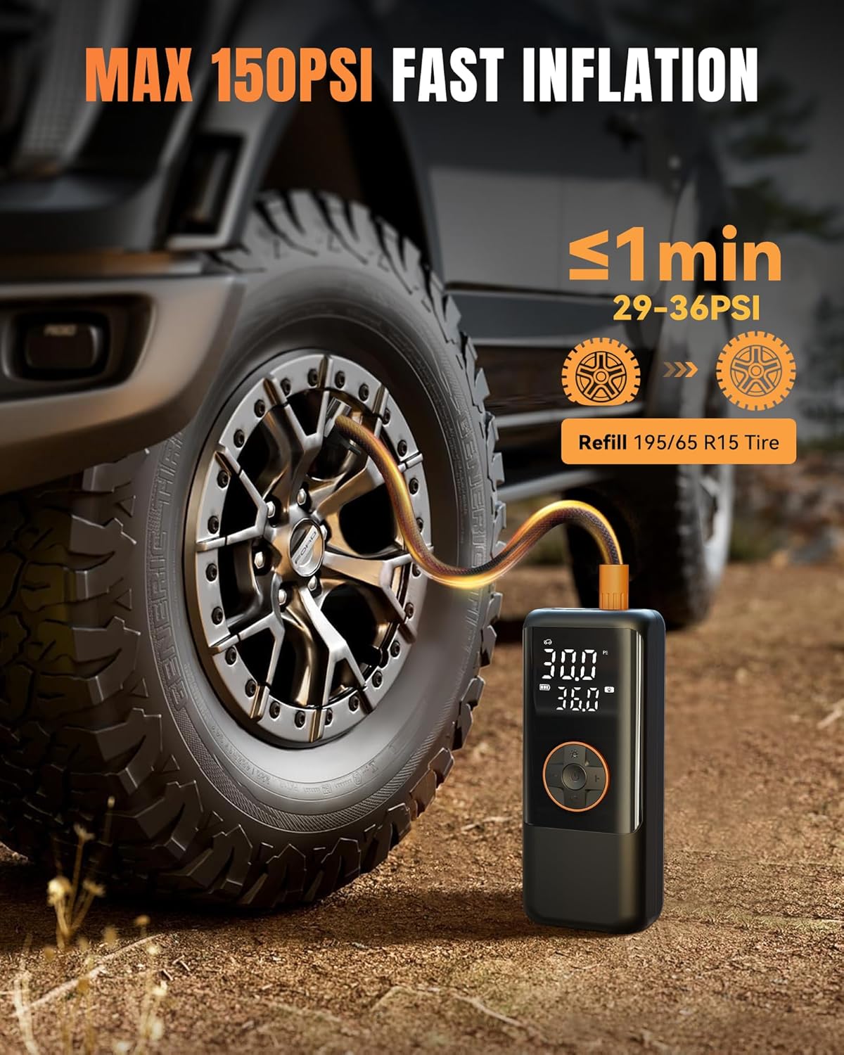 Tire Inflator Portable Air Compressor, 150PSI Air Compressor for Car Tires, Cordless Bike Pump with Pressure Gauge & LED Light, Tire Pump for Cars, Motorcycles, Bikes, Balls