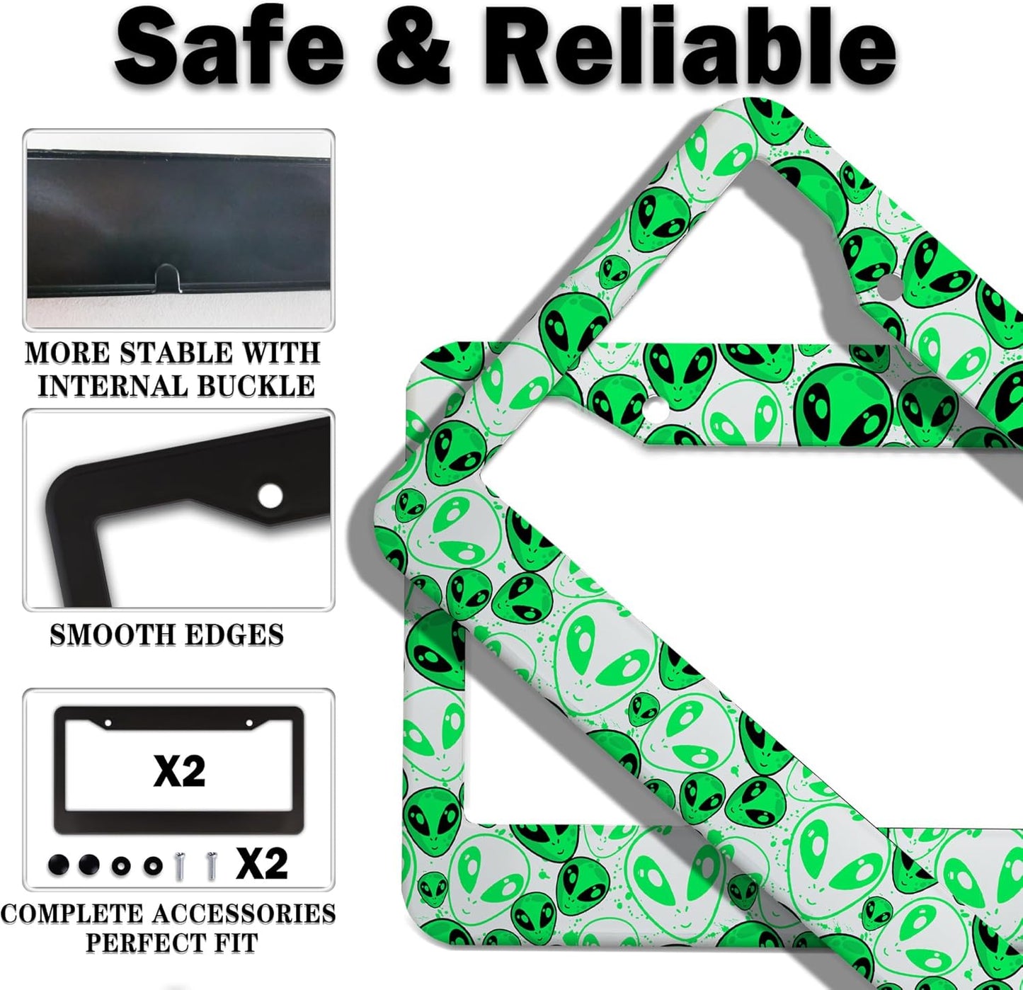 License Plate Covers for Men Green License Plate Frames for Women Alien Universal Aluminum Car Accessory 2 Pack with Screw Covers Set