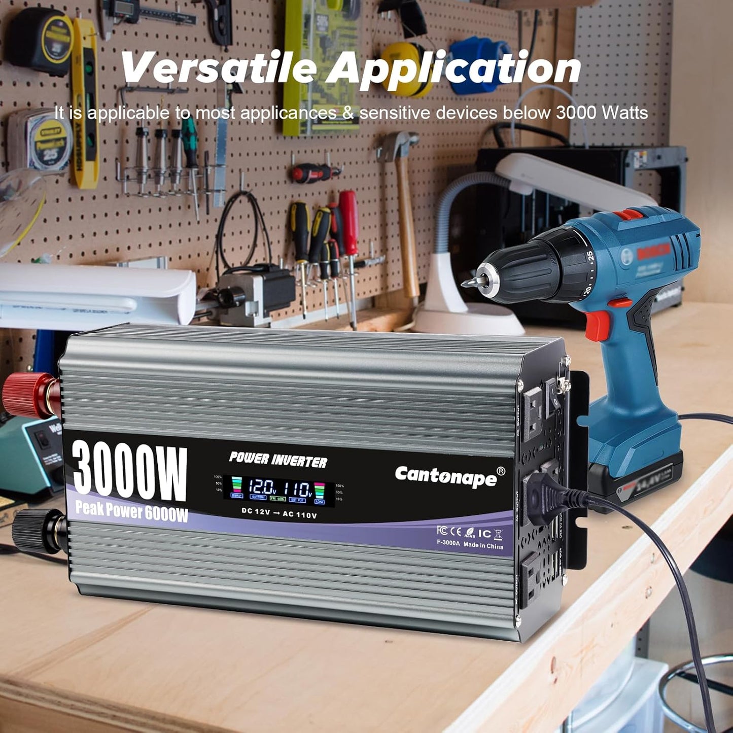 3000W Power Inverter 12V to 110V/120V DC to AC with LCD Display, Remote Controller and 4 x AC Outlets Car Adapter for Car Truck Boat RV Off Grid Solar System