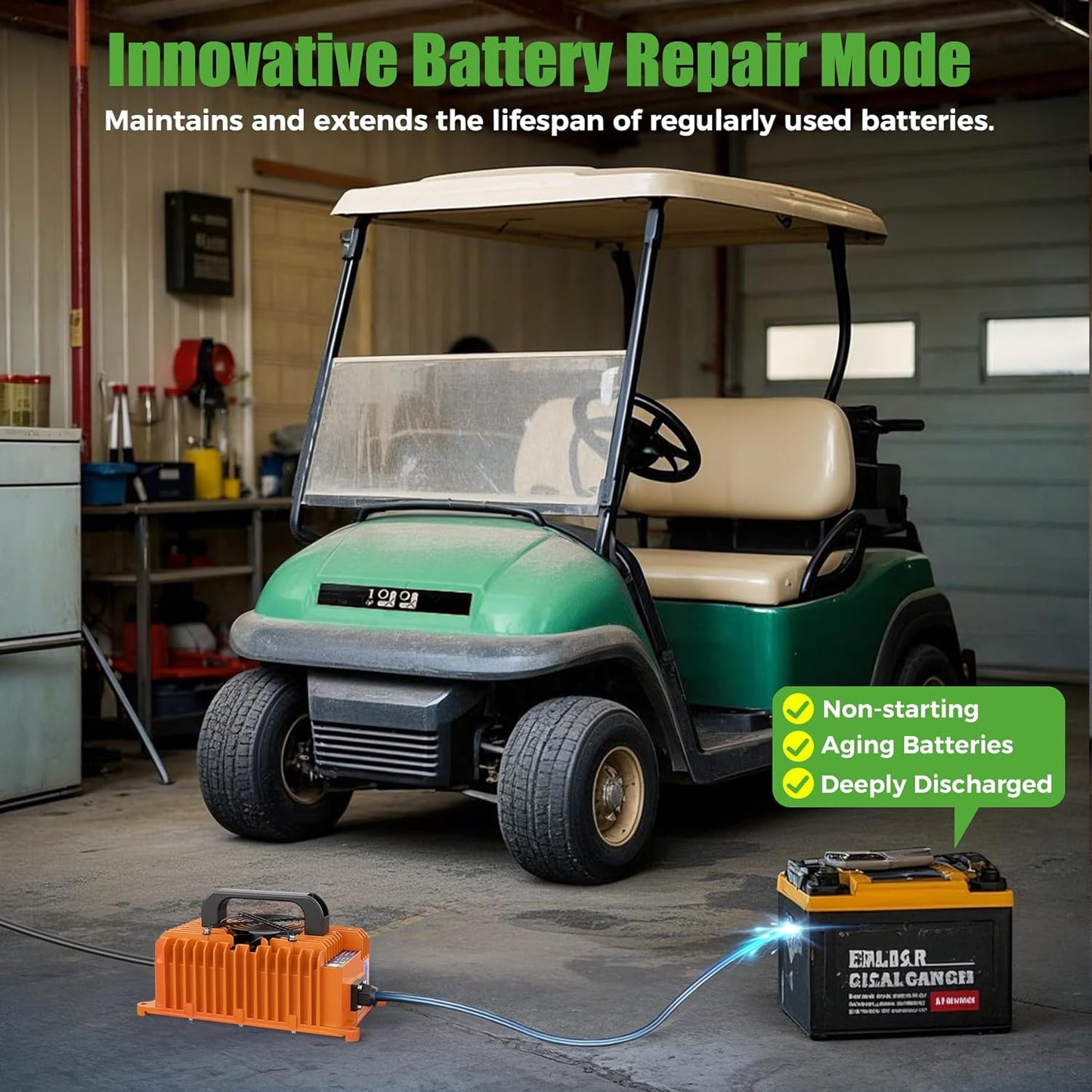 10L0L 15 Amp 48 Volt Golf Cart Charger for Club Car DS Precedent, Smart Golf Cart Battery Charger, 3 Battery Types Support, Battery Repair, Automatic Power Recharge, IP67 Waterproof