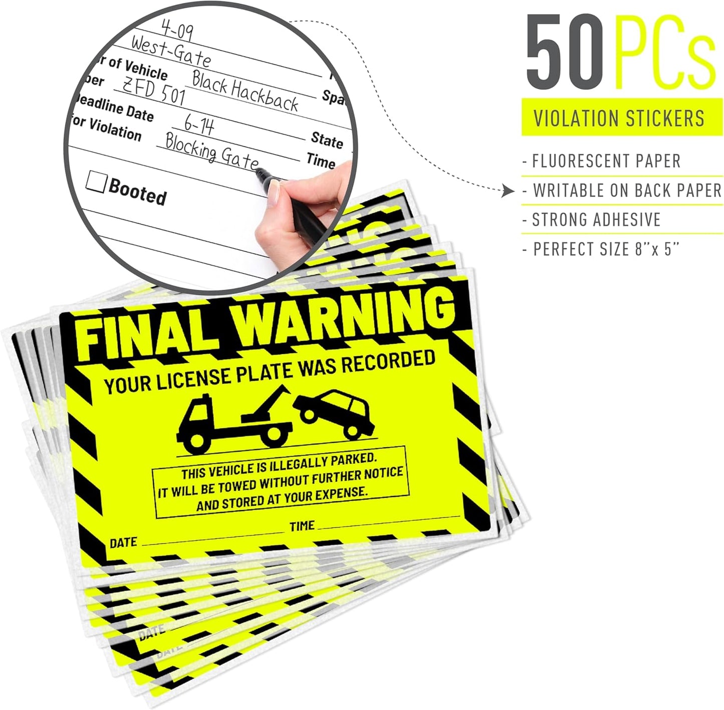 easykart labels 50 Parking Violation Notice Parking Violation Stickers Tow for Car Parking Warning Adhesive Car Window Fluorescent Green Labels (1 Pack)