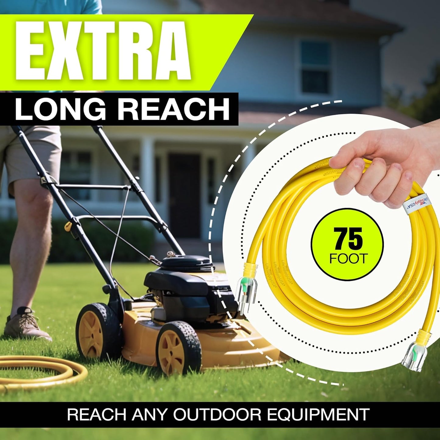 75ft Outdoor/Indoor Extension Cord 12/3 Gauge Extra Heavy Duty 3 Prong SJTW, Waterproof, Flexible Cold-Resistant Long Power Cord,15A 125V 1875W, Yellow by LifeSupplyUSA