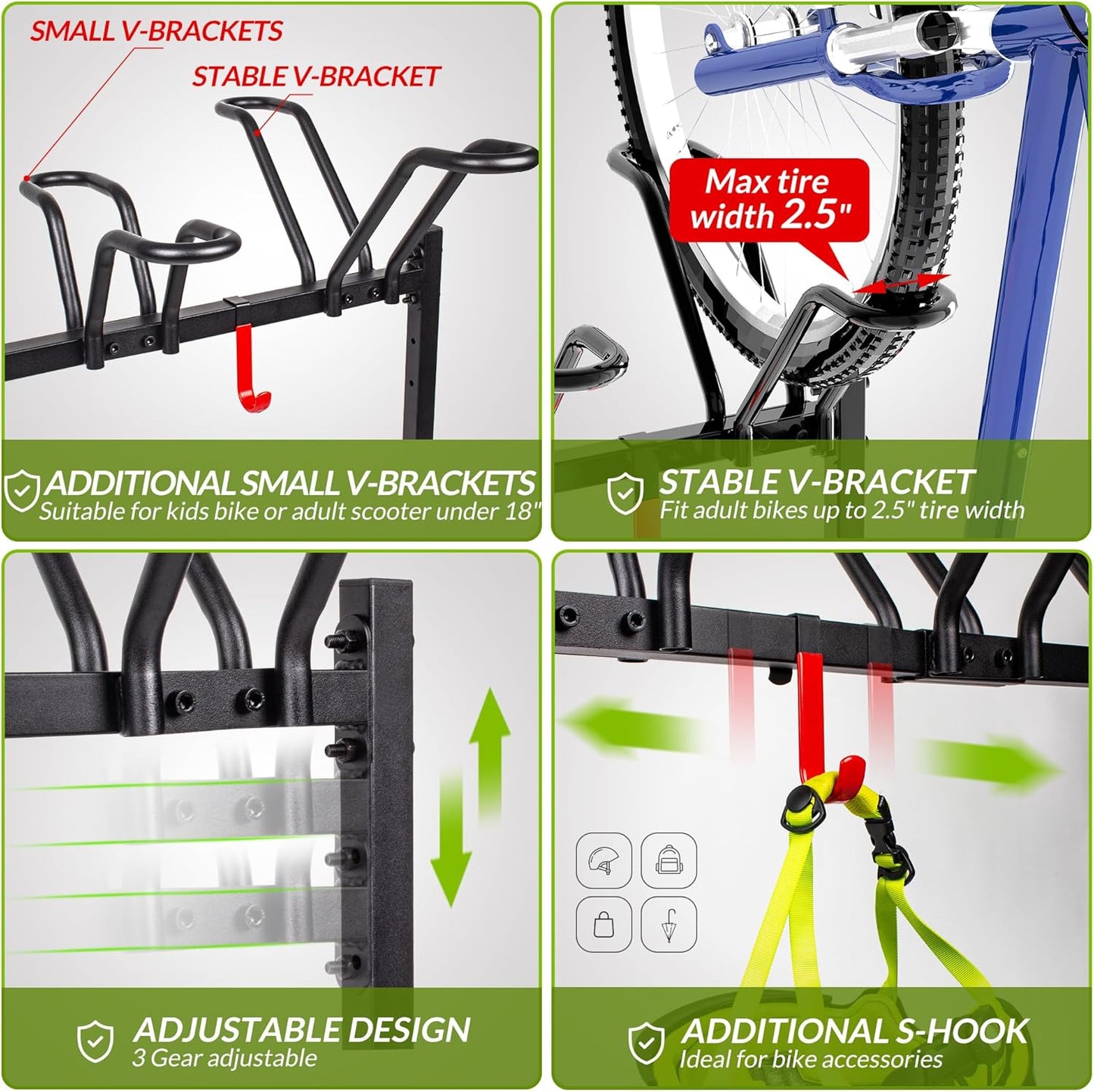 5 Bikes Floor Stand, Adjustable Bicycle Parking Rack with Hook for Garage, Indoor, Outdoor, Free Combination Bike Storage Cycle Rack for Mountain, Road and Kids Bikes, Max Tire Width 2.5”
