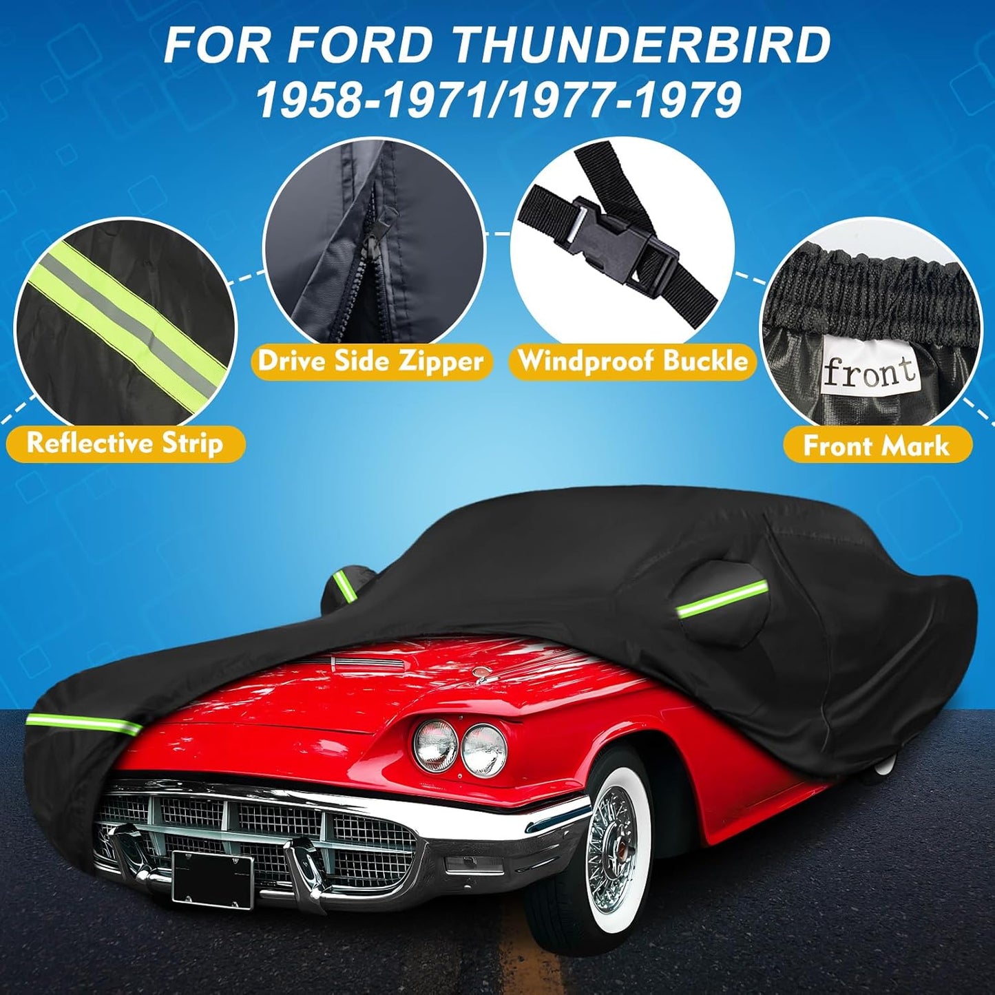 QUNSUNUS Car Cover for Ford Thunderbird 1958-1971/1977-1979 Waterproof All Weather 420D Windproof for Ford Thunderbird Car Cover Hail Protection with Zipper