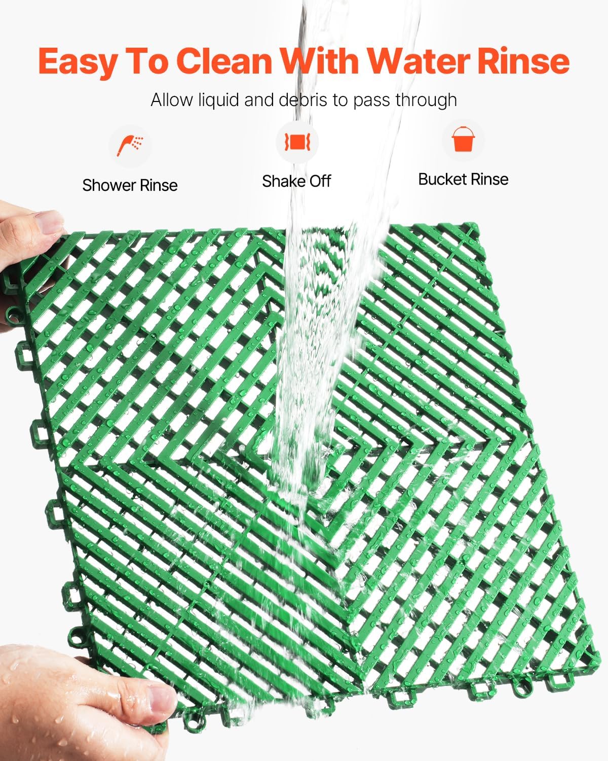 VEVOR Interlocking Drainage Mat, 50 Pcs Modular Interlocking Cushion, 12” x 12” Splicing Drainage Mats, Non-Slip Green PP Drainage Floor Tile and Shower Mat, for Garage, Garden, Kitchen & Outdoor