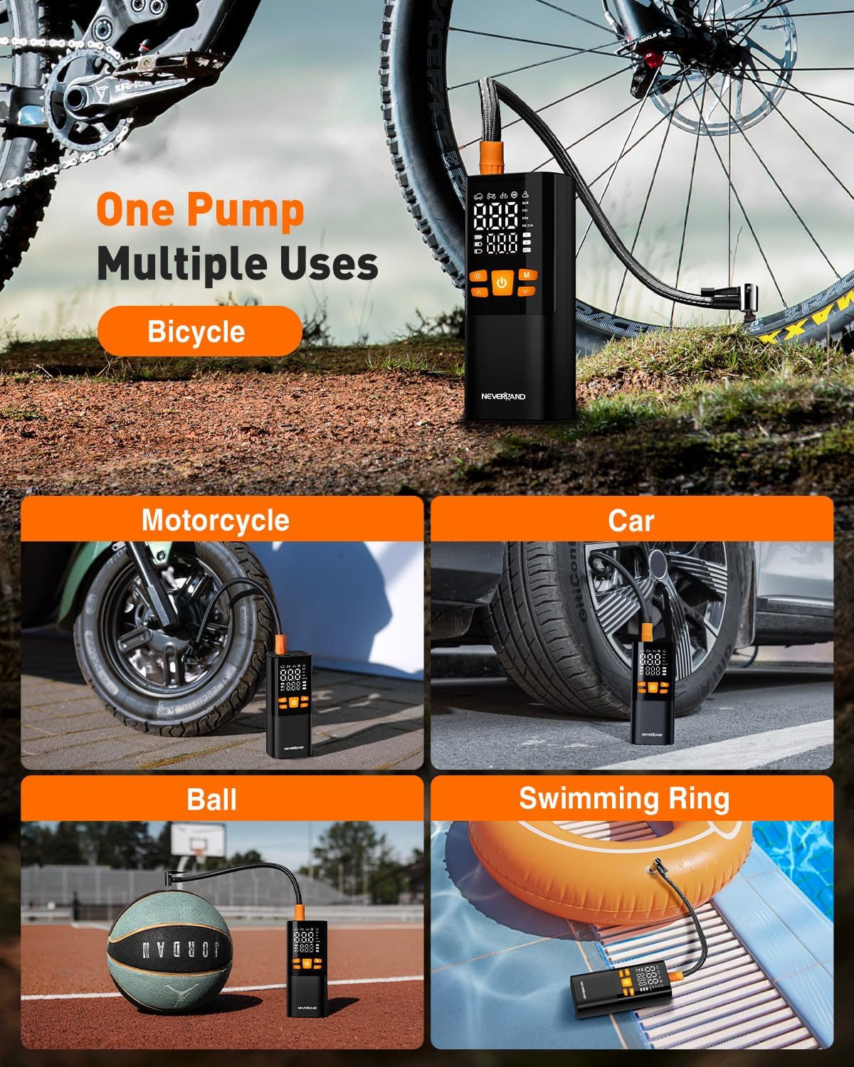 NEVERLAND Tire Inflator Portable Air Compressor - 4X Faster 150 PSI Air Pump for Car Tires, Electric Bike Pump with Pressure Gauge, Auto-Shutoff Cordless Tires Pump for Car Bicycle Motorcycle Ball
