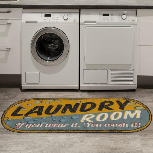 Ottomanson 20" x 59" Oval Laundry Room Rug - Non-Slip Mat for Laundry & Mudroom - Durable, Stain-Resistant, and Easy to Clean - Perfect for High-Traffic Areas - Runner Rug for Entryway, Yellow/Gray