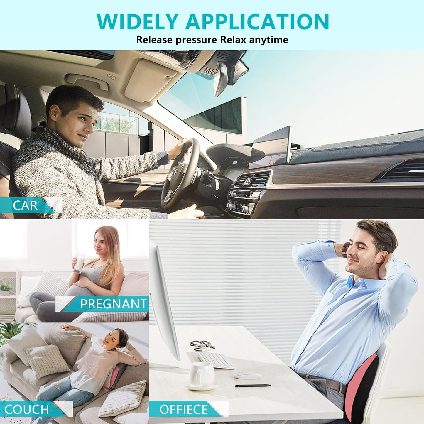 FLORICH 3 PCS Seat Cushion for Carseat Lumbar Support Pillow Car Neck Headrest Pillows Memory Foam Seat Pads Pressure Relief Back Cushion for Office Chair(Pink)