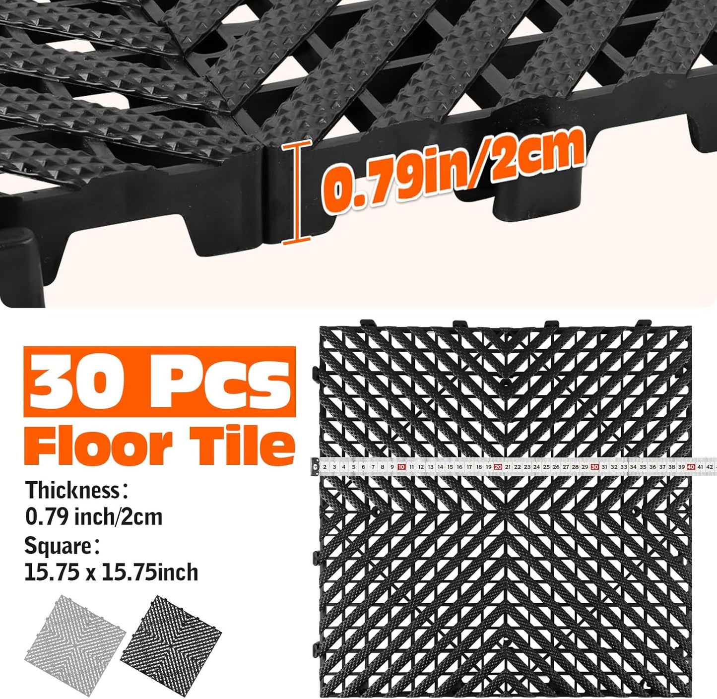 Interlocking Garage Floor Tiles - 0.79in,Vented, Self-Draining, Non-Slip Flooring, Modular, Virgin Polypropylene, Ideal for Garages, Patios, Basements, Decks -51.6 sq ft (Grey, 30PCS)