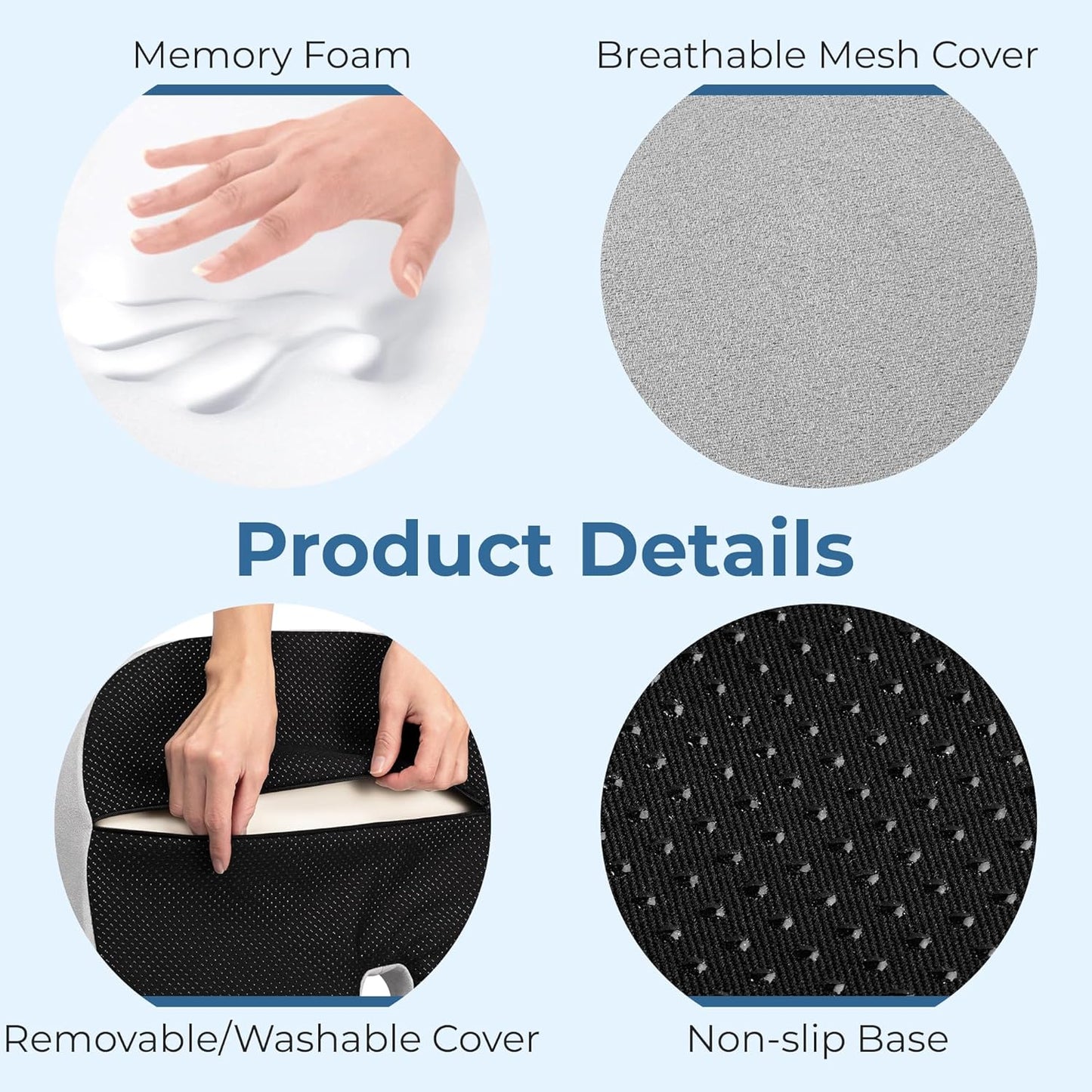 5 STARS UNITED Seat Cushion for Tailbone Pain Relief – Large Memory Foam Lifting Pillow for Coccyx, Hip, Sciatica & Post-Surgery Recovery – Wheelchair, Car, Desk, Gaming & Office Chairs, Light Gray