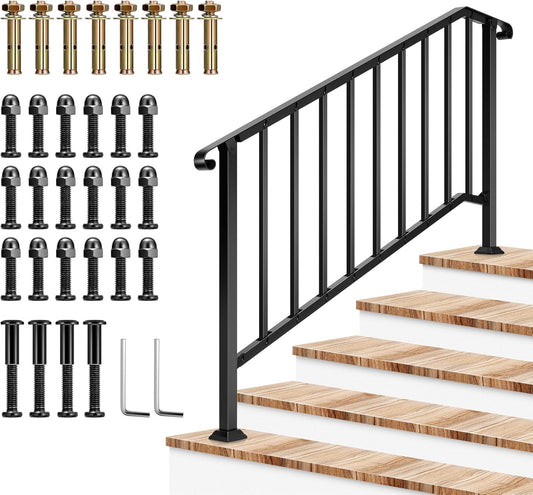VIVOSUN Outdoor Handrail, 5 Step Stair Handrail, 69" x 36" Fits 1 to 5 Steps, Wrought Mattle Iron Stair Railing with Curved End and Balusters for Concrete Step, Porch Steps, One-Step Assembly, Black