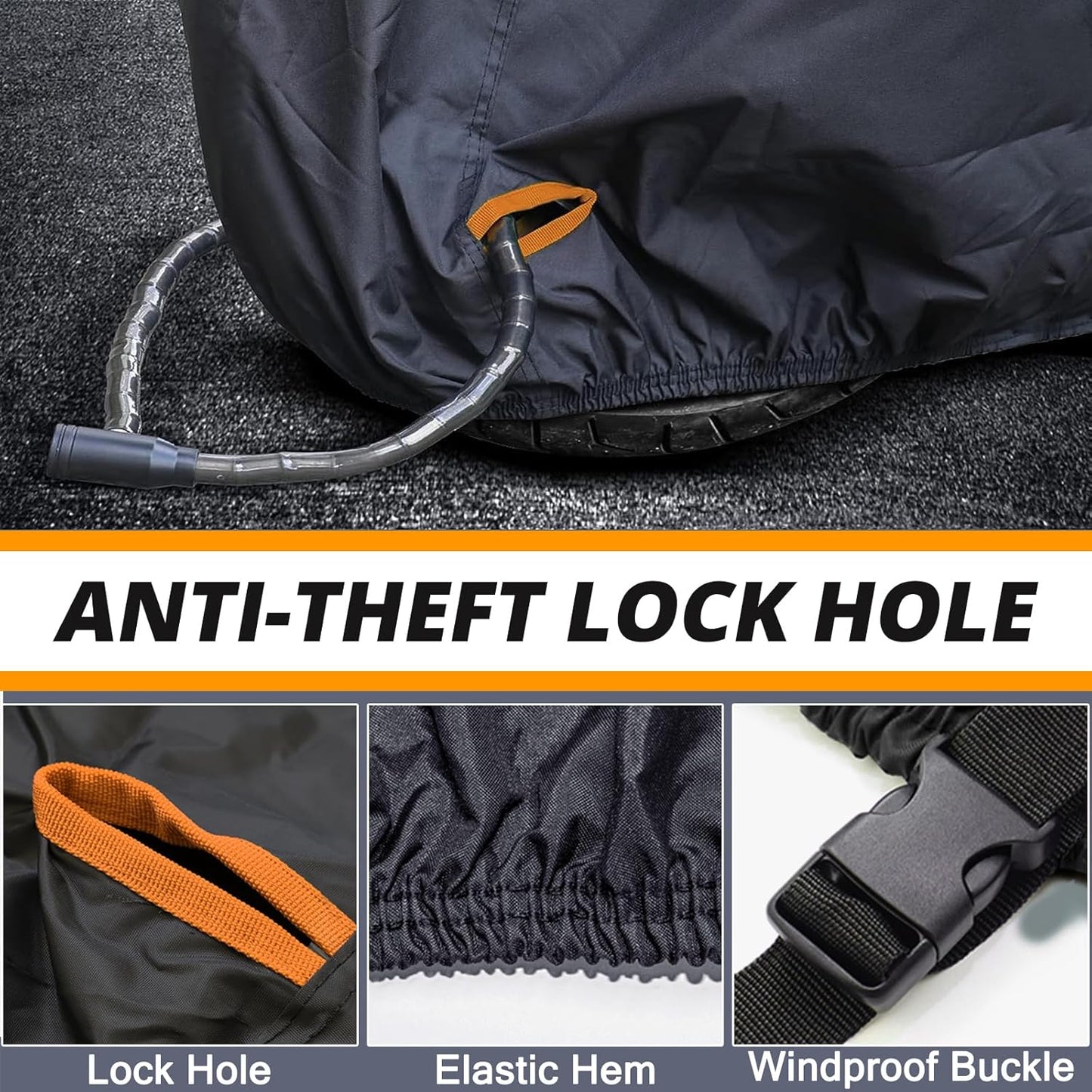 Motorcycle Cover,Waterproof Zipper Outdoor Cover for All Seasons Windproof, High Heat Resistance Dustproof and Rainproof Snowproof(Orange Zipper XXL Fits Up to 108 inch)