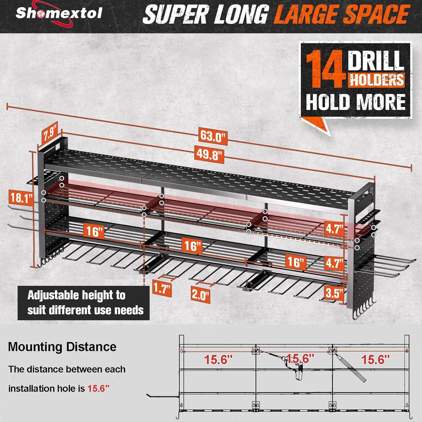 49.8" W Large Power Tool Organizer Wall Mount, Heavy Duty Tool Organizer with 14 cordless Drill Holder, 4 Layers Garage Organization and Storage Rack, Tool Rack for Garage Workshop, Black