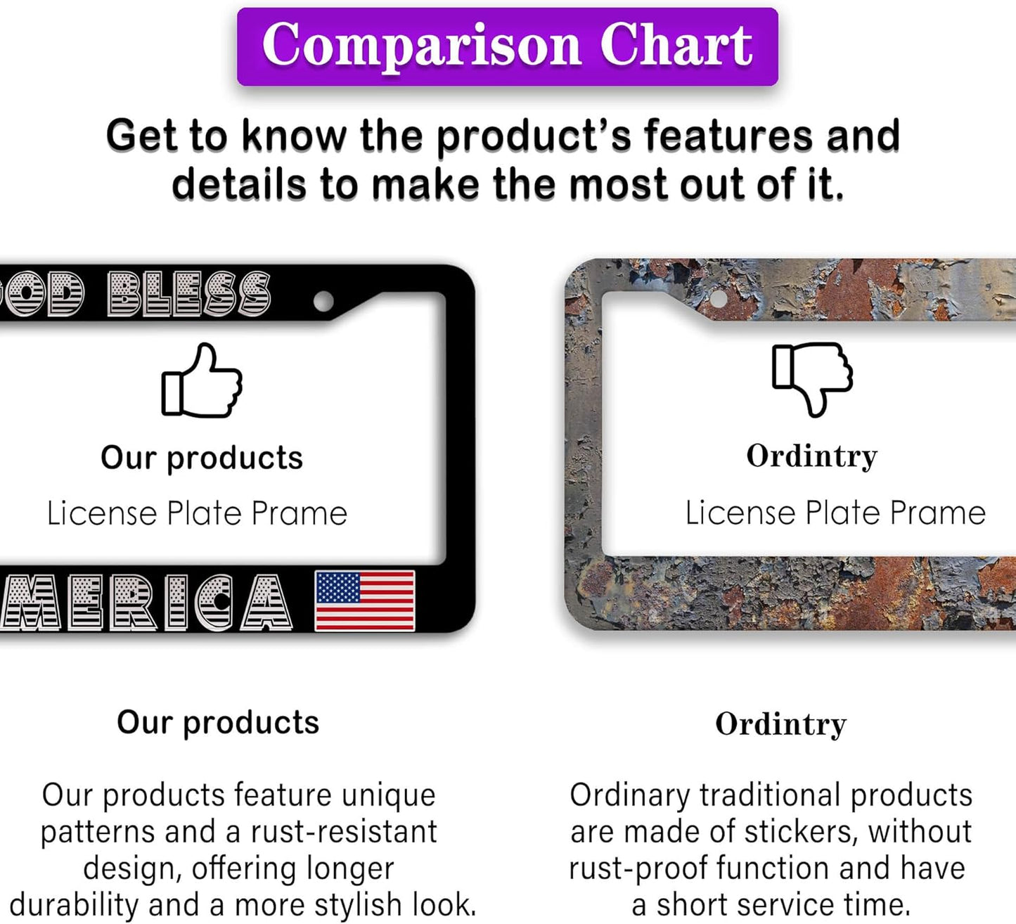 Car Plate Frame for Men Black and White License Plate Frames for Women God Bless America Aluminum Metal Car Accessory 2 Pack with Screw Covers Set