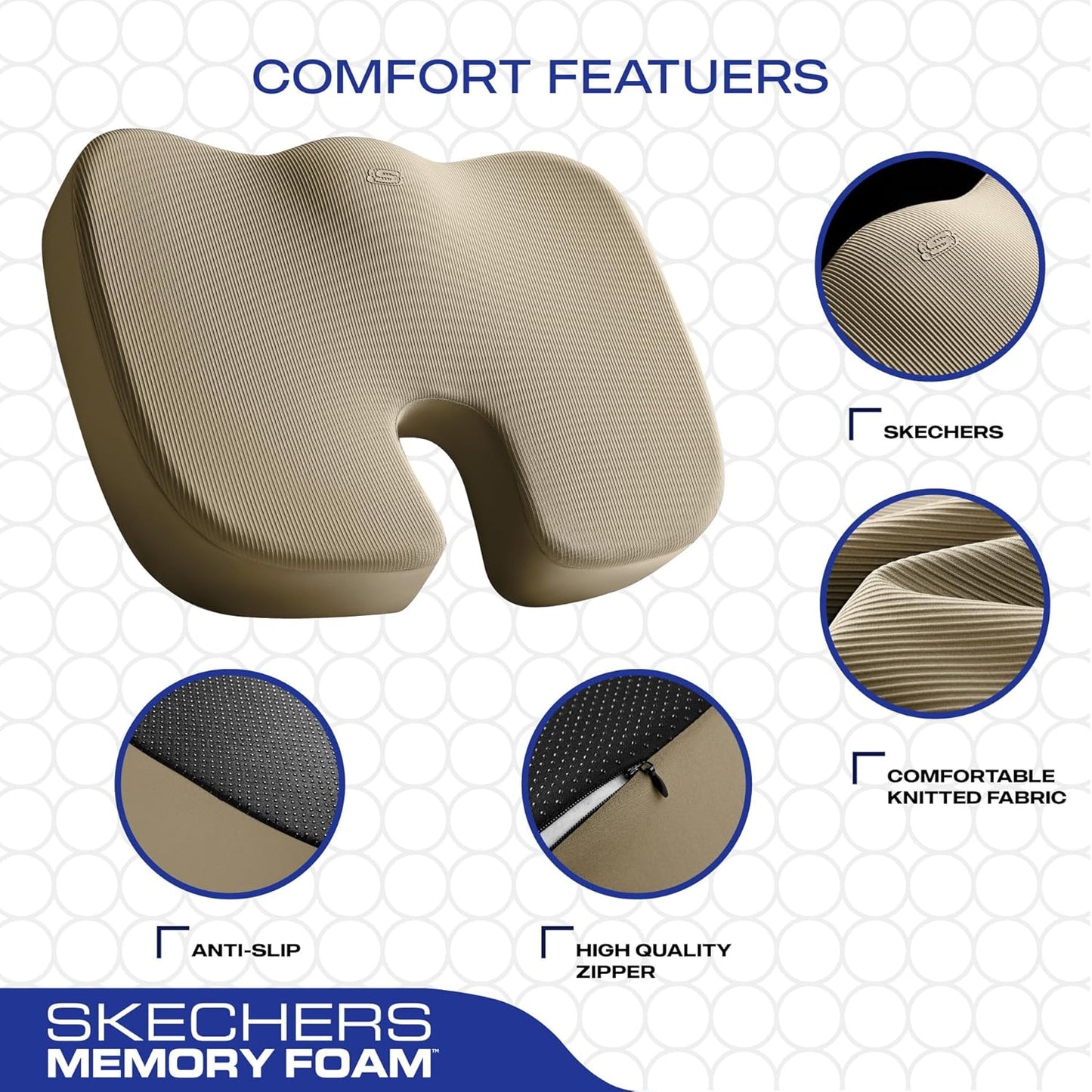 Skechers Memory Foam Seat Cushion,Office Chair Cushion for Tailbone Pain Relief,Butt Pillow for Office Chair,Car seat Cushion,Computer Desk,Long Sitting Office Workers,and Car Drivers,Beige