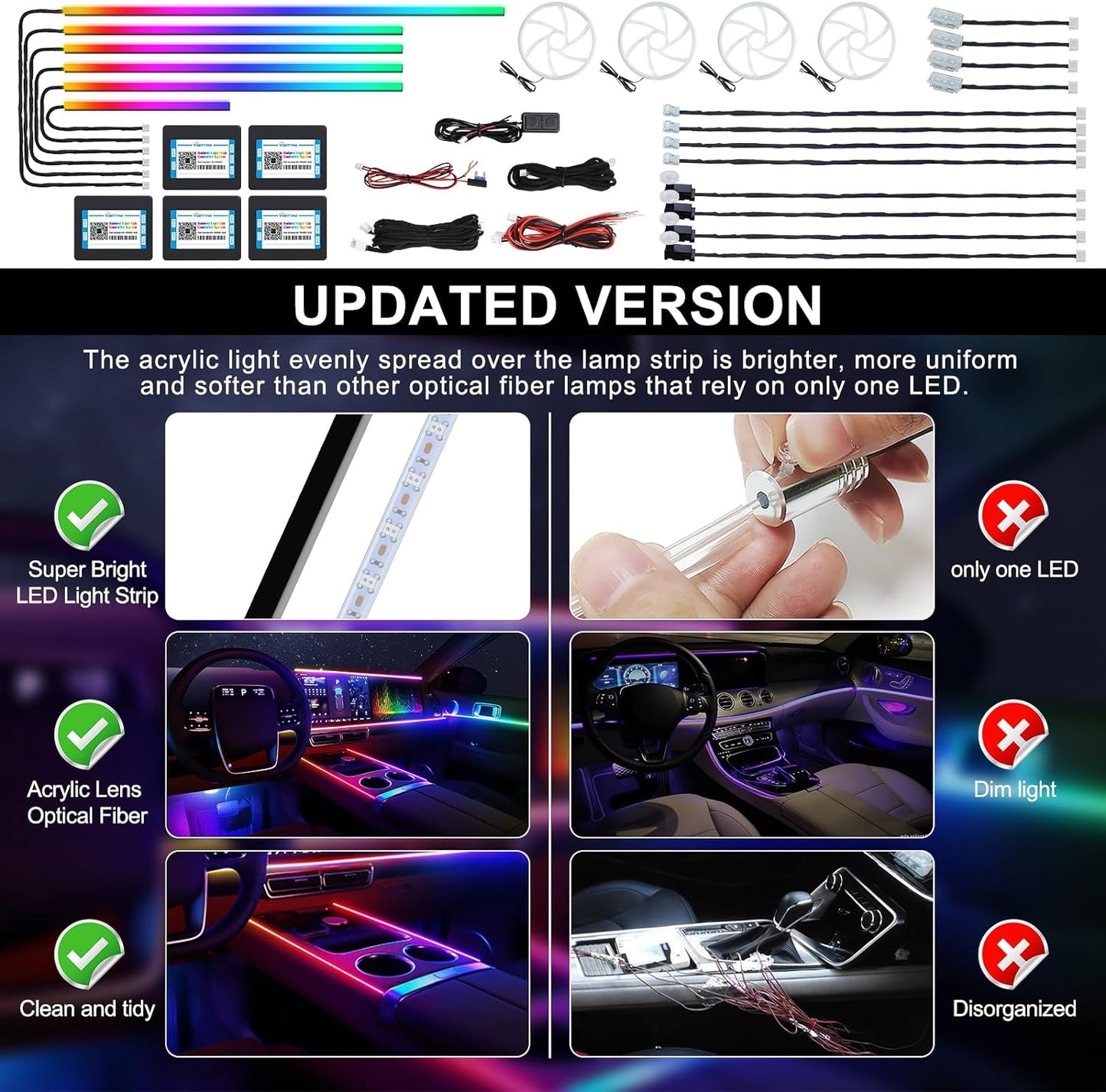 Dreamcolor Acrylic Interior Car LED Strip Light with Wireless APP, RGB 22 in 1 with 175 inches 600 LEDs Fiber Optic Car Ambient Lighting Kits, Dual Zone Sound Active Function LED Strip for Car