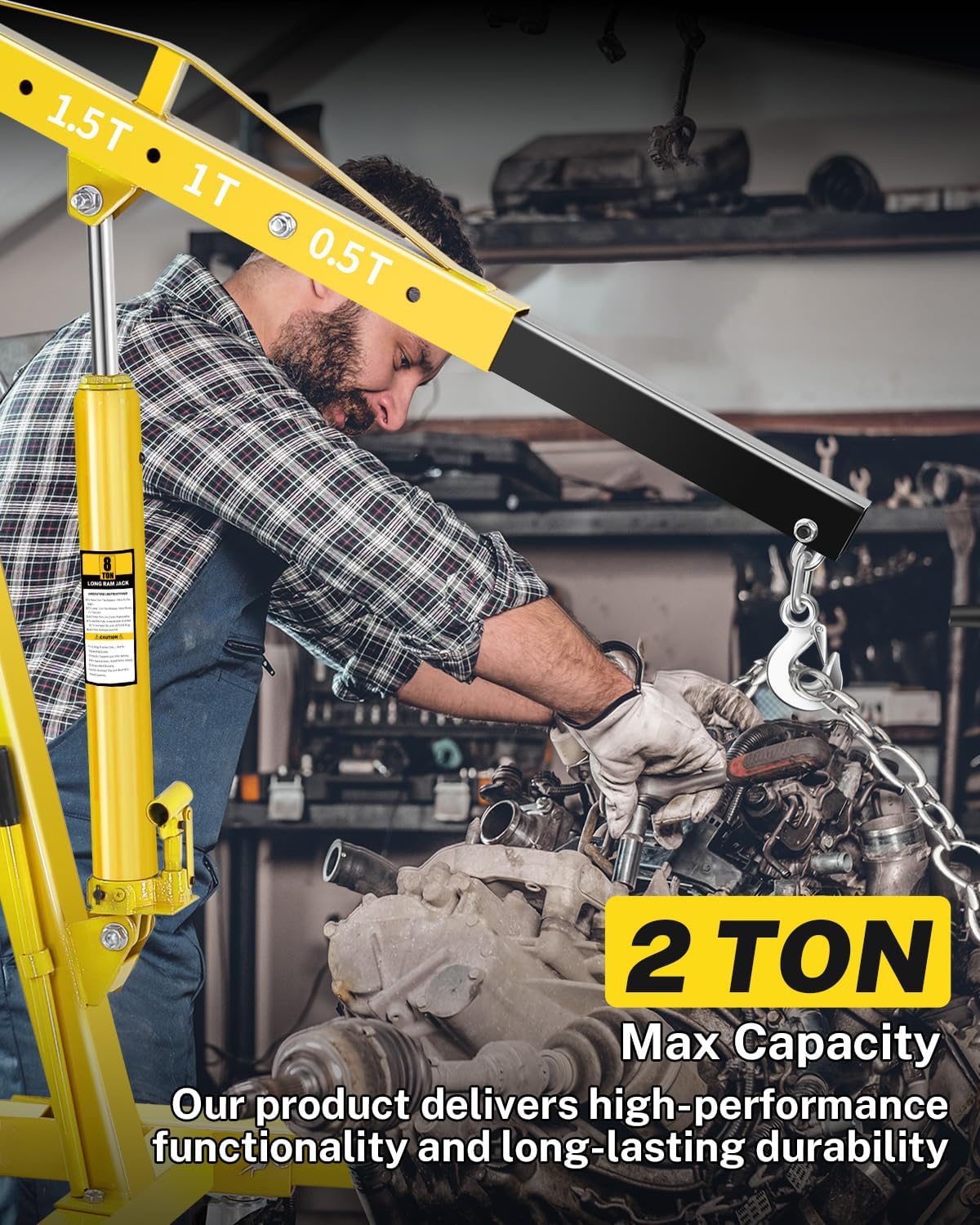 2-Ton Folding Engine Hoist, Hydraulic Shop Crane with 6 Swivel Wheels & Adjustable Boom (0.5T-2T), Heavy-Duty Cherry Picker for Garage, Workshop, Truck, Farm (Net Wt. 157 lbs)