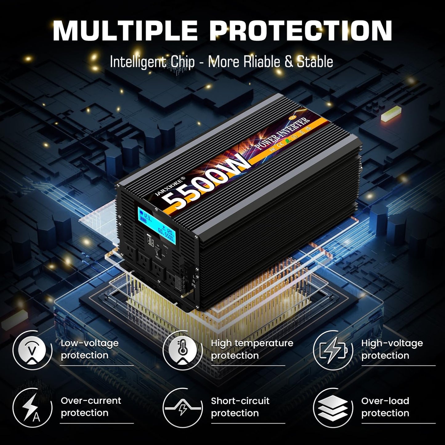 5500 Watt Power Inverter 12V DC to 110V 120V Converter for Family RV Off Grid Solar System Car with Type-C Ports 3 AC Power Outlets Dual USB Ports LCD Display Wireless Remote Control